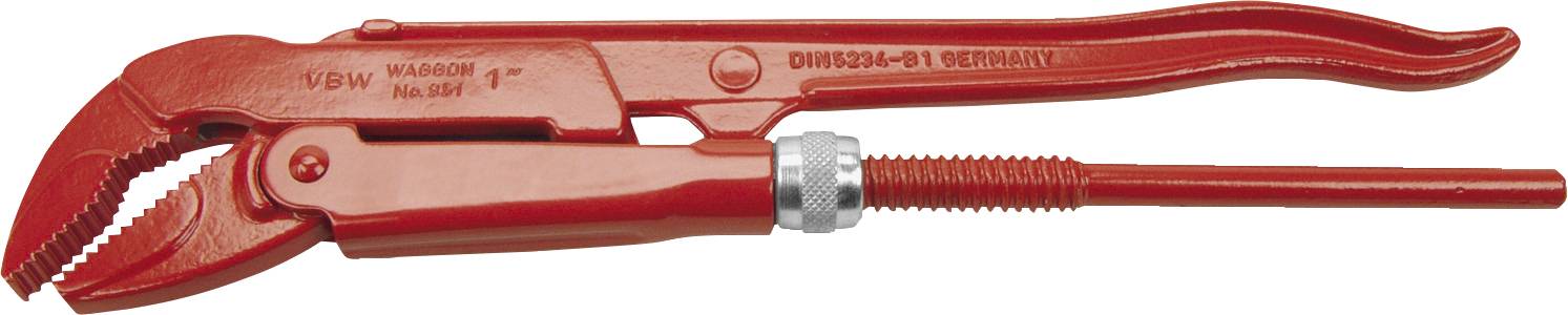 A red pipe wrench with adjustable jaws, showing 'Pipe Wrench' and 'Made in Germany' inscription on the handle. Suitable for gripping pipes.