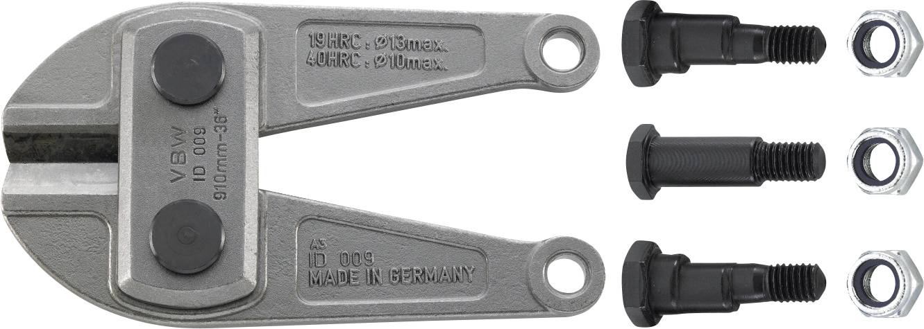 Bolt cutter jaws with black bolts and nuts. Labeled: VBW, ID 008, Made in Germany. 15HRC/61Dmax, 40HRC/9Dmax.