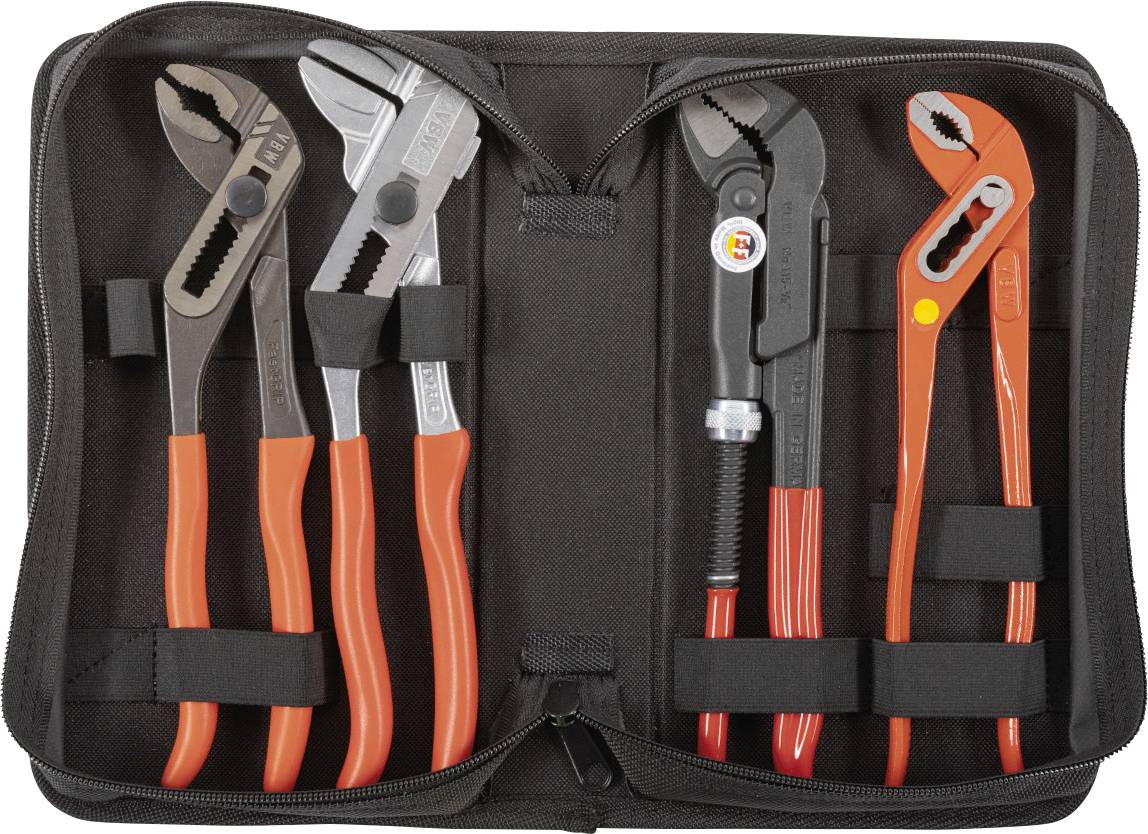 A set of four adjustable pliers with red handles, organized in a black fabric case.
