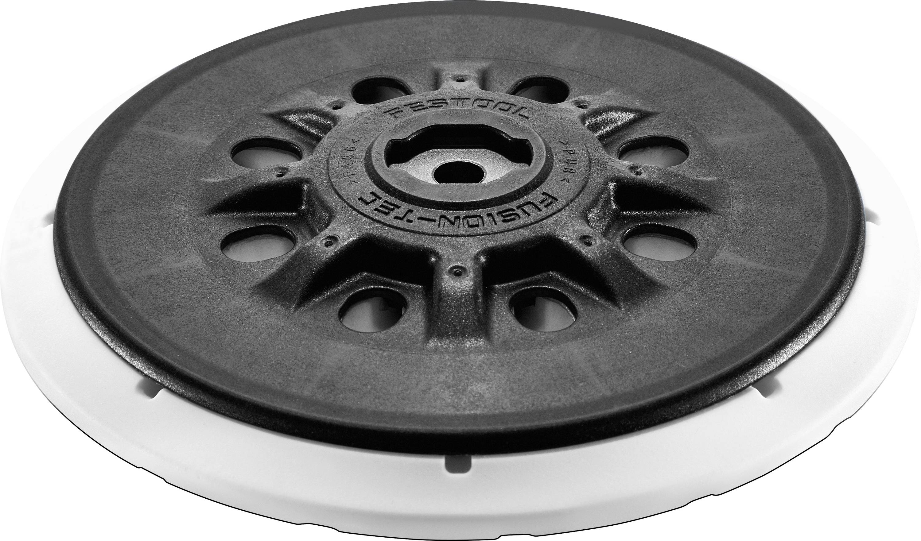 A close-up of a Festool sanding pad with multiple circular holes, designed for attachment to a sander, shown from a side angle.