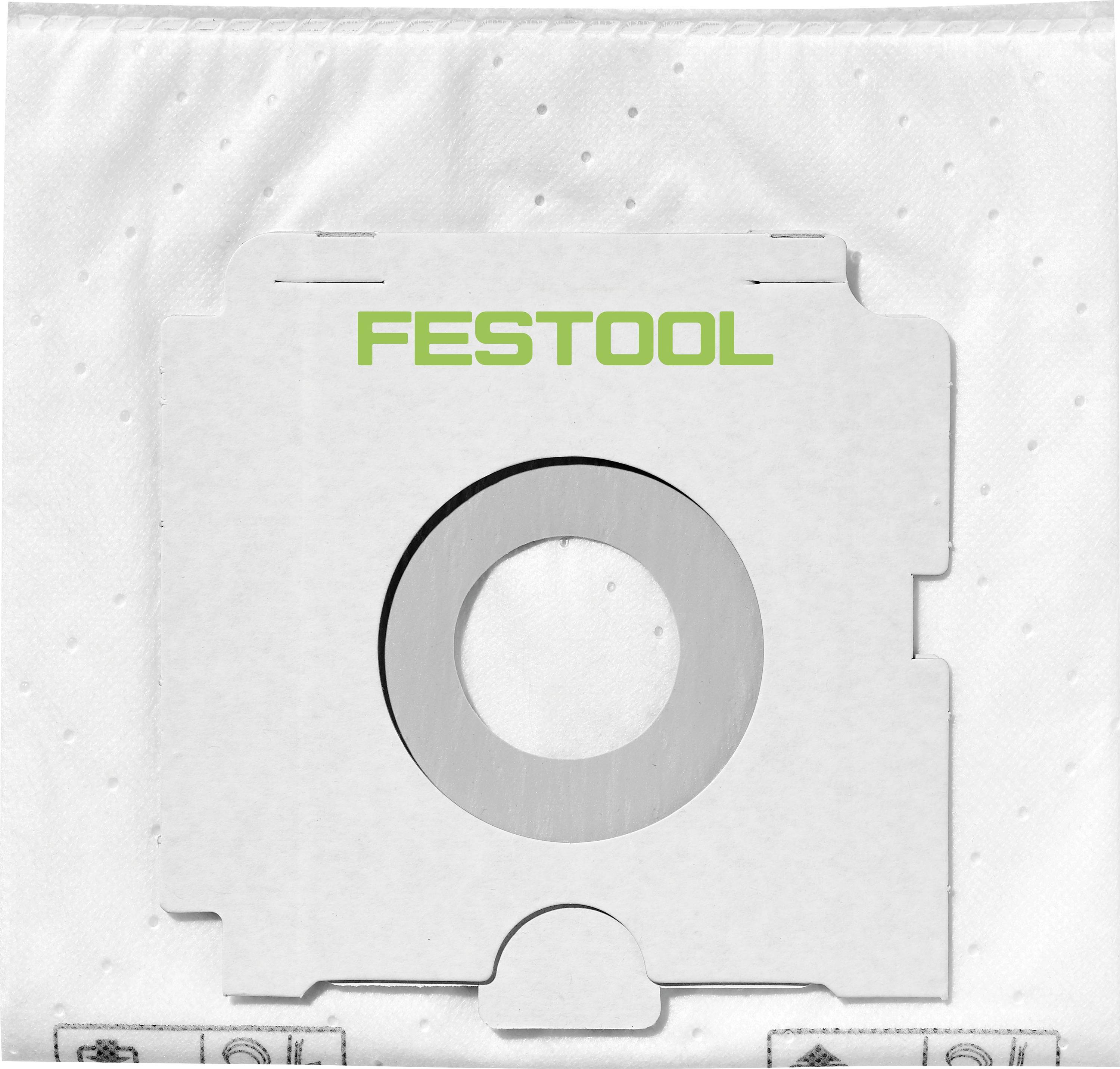 A white Festool vacuum cleaner bag with a green 'FESTOOL' logo in the center, designed for dust collection.