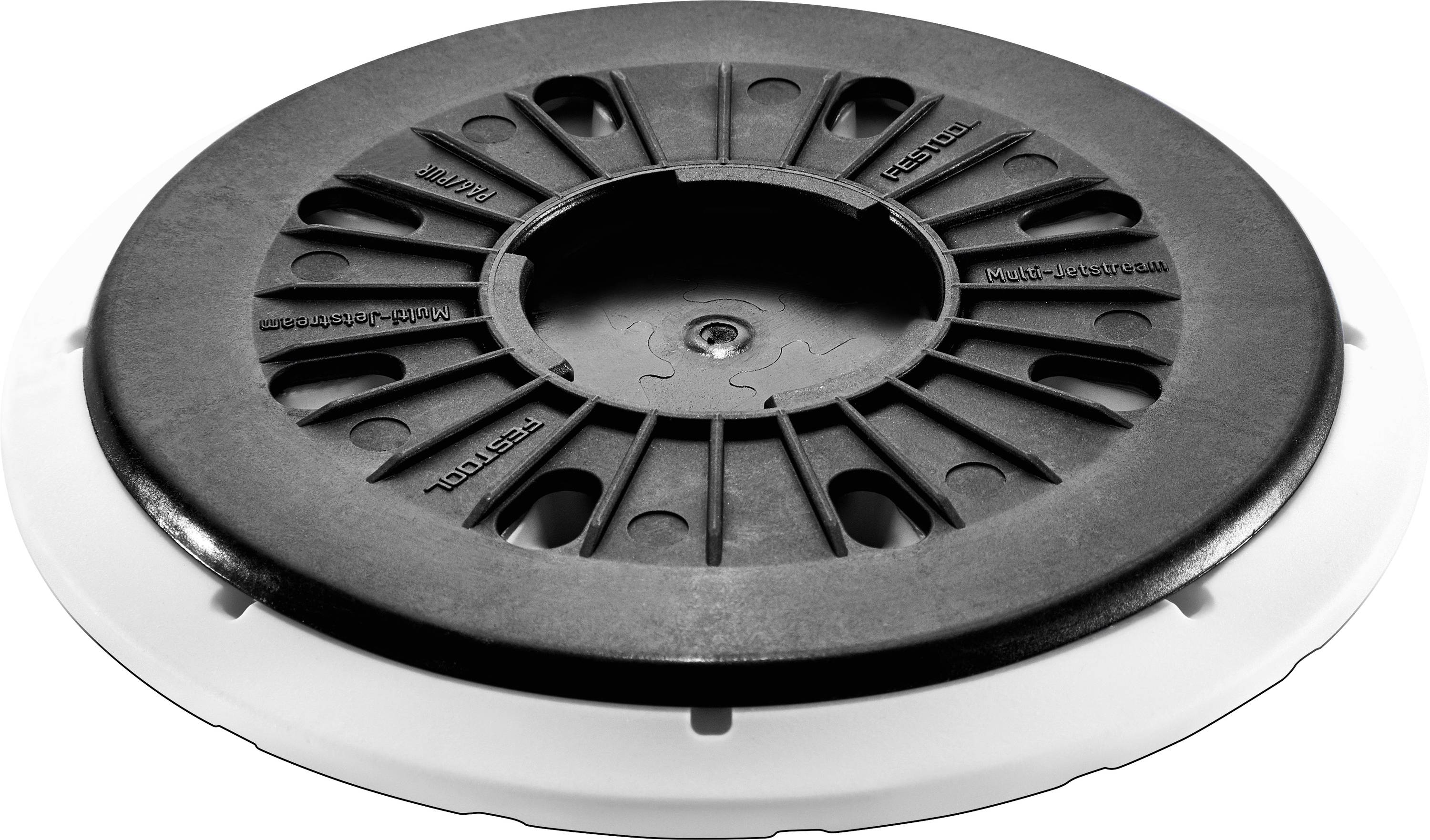 A black and white plastic adjustable pedestal, used for supporting raised floors, showing its top view with markings for adjustments.