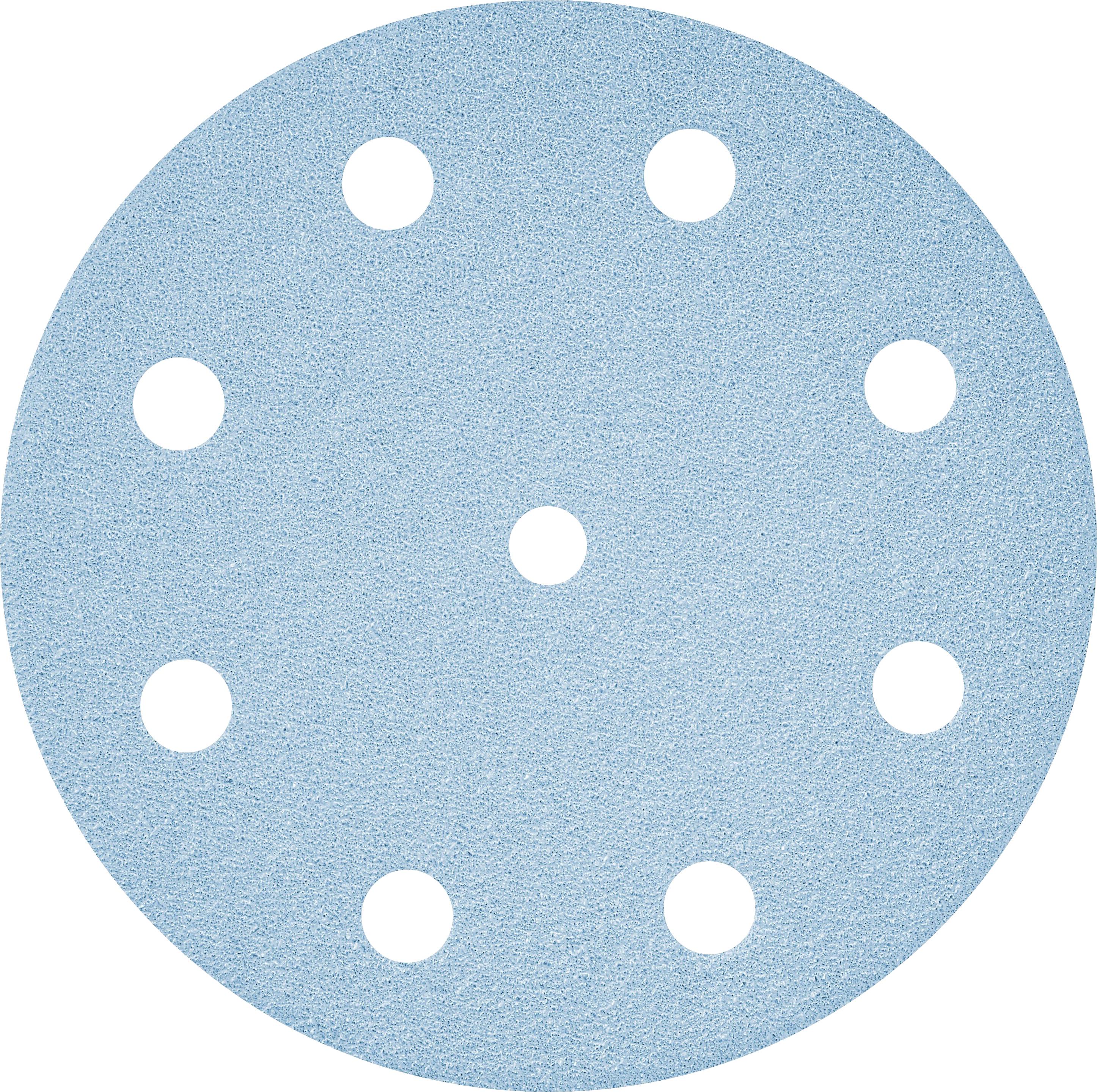 A circular blue sanding disc with eight evenly spaced holes for dust collection.