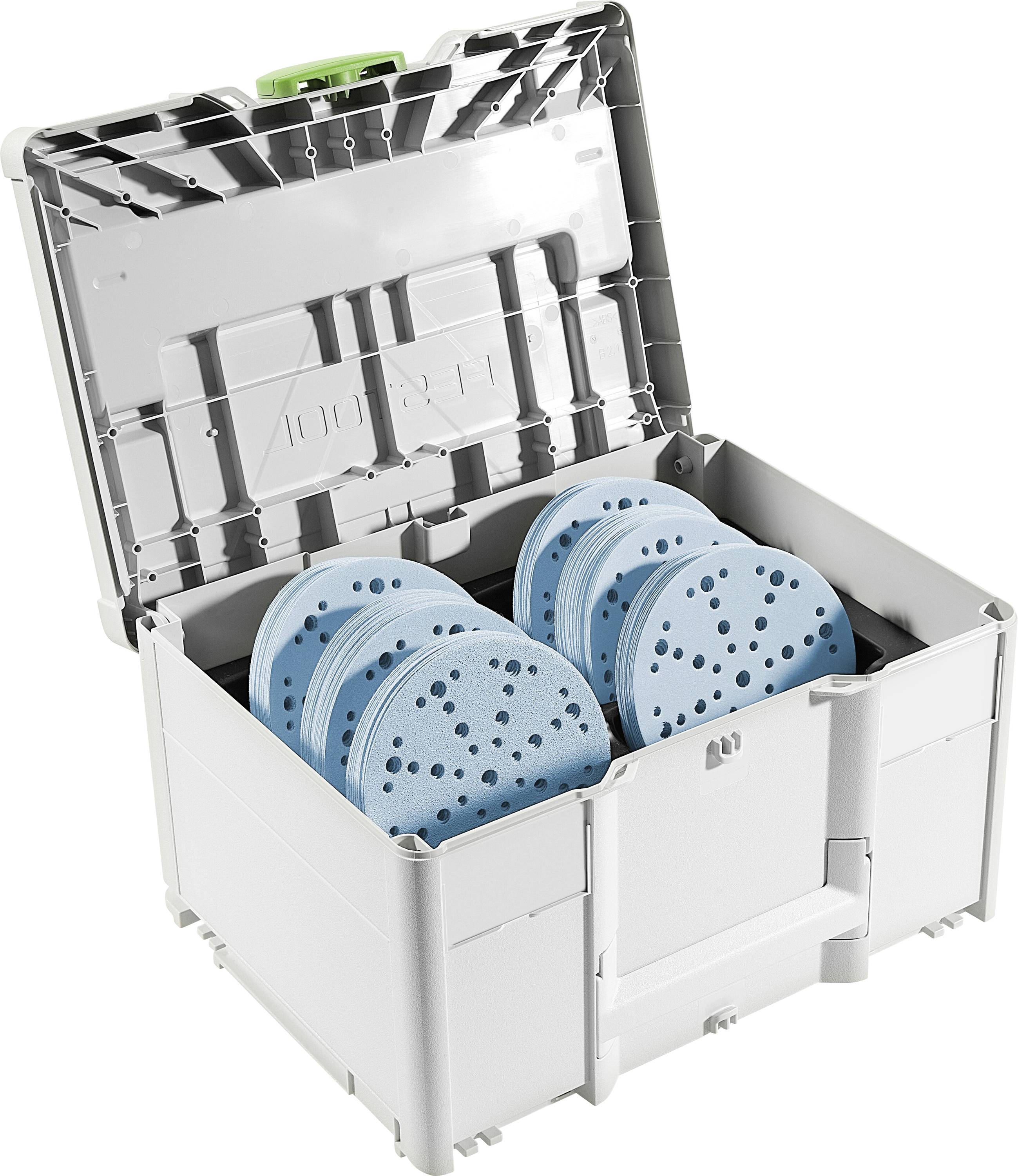 An open storage box containing stacks of blue sanding discs with perforations arranged inside.