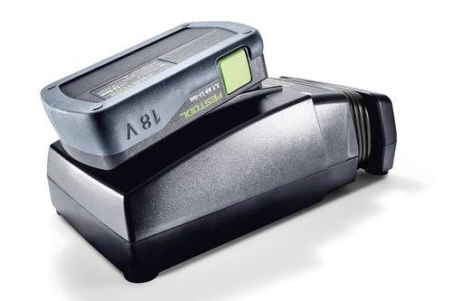 A battery pack rests on a charging base. The pack is labeled '18V'.