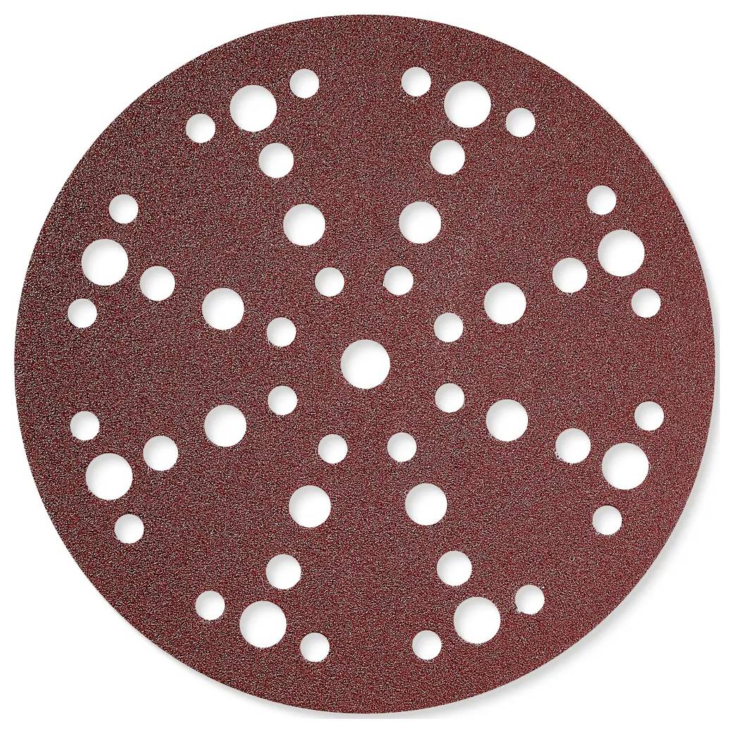 A round sandpaper disc with multiple holes for dust extraction, designed for use with a power sander. Brown abrasive surface.
