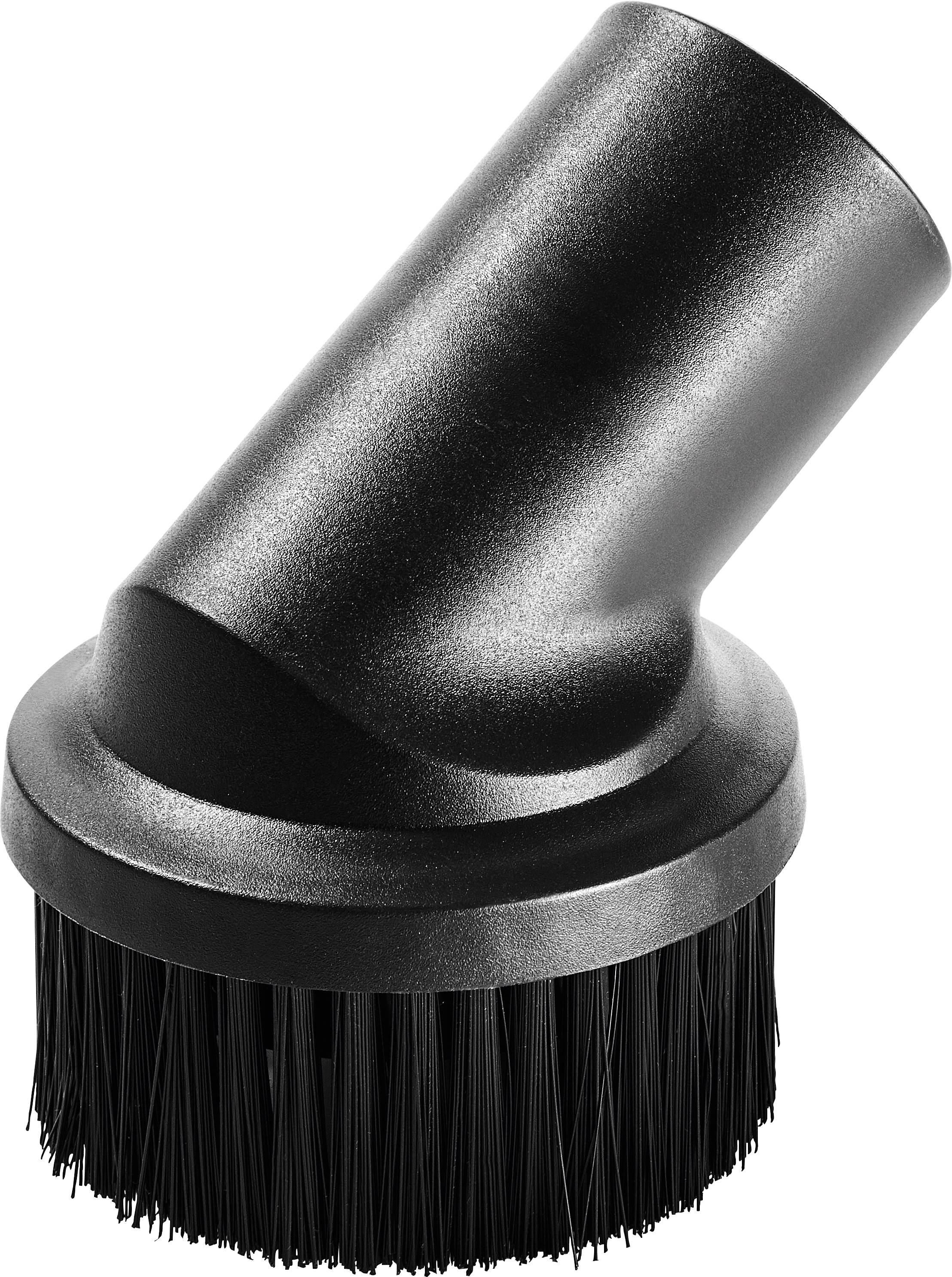 A black vacuum cleaner brush attachment with angled bristles designed for dusting surfaces.