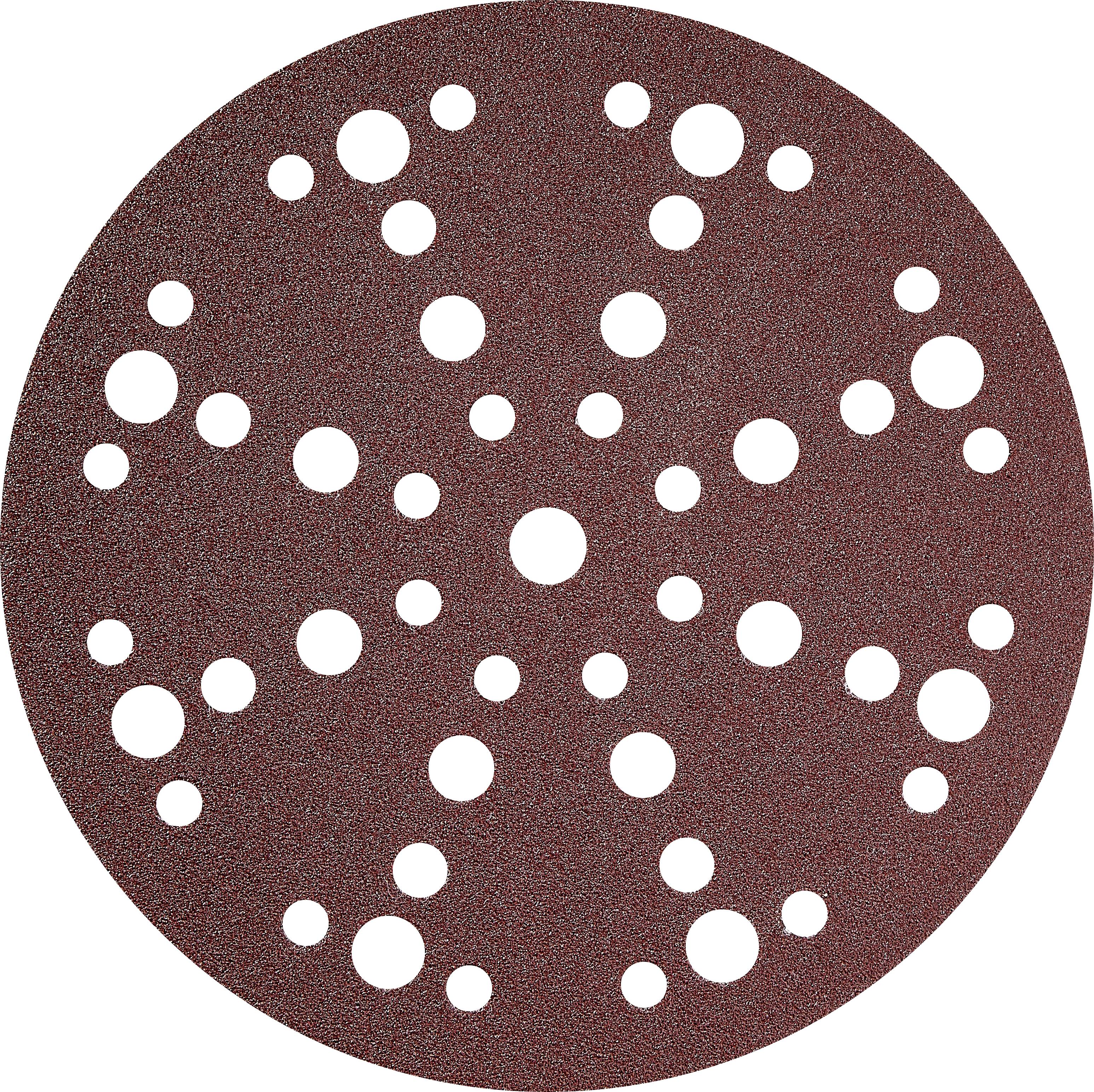 A round sandpaper disc with variously sized holes, used for sanding and smoothing surfaces, typically attached to a power sander.