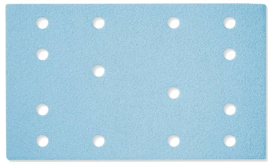 A rectangular, blue sponge with three rows of circular holes evenly spaced across its surface.