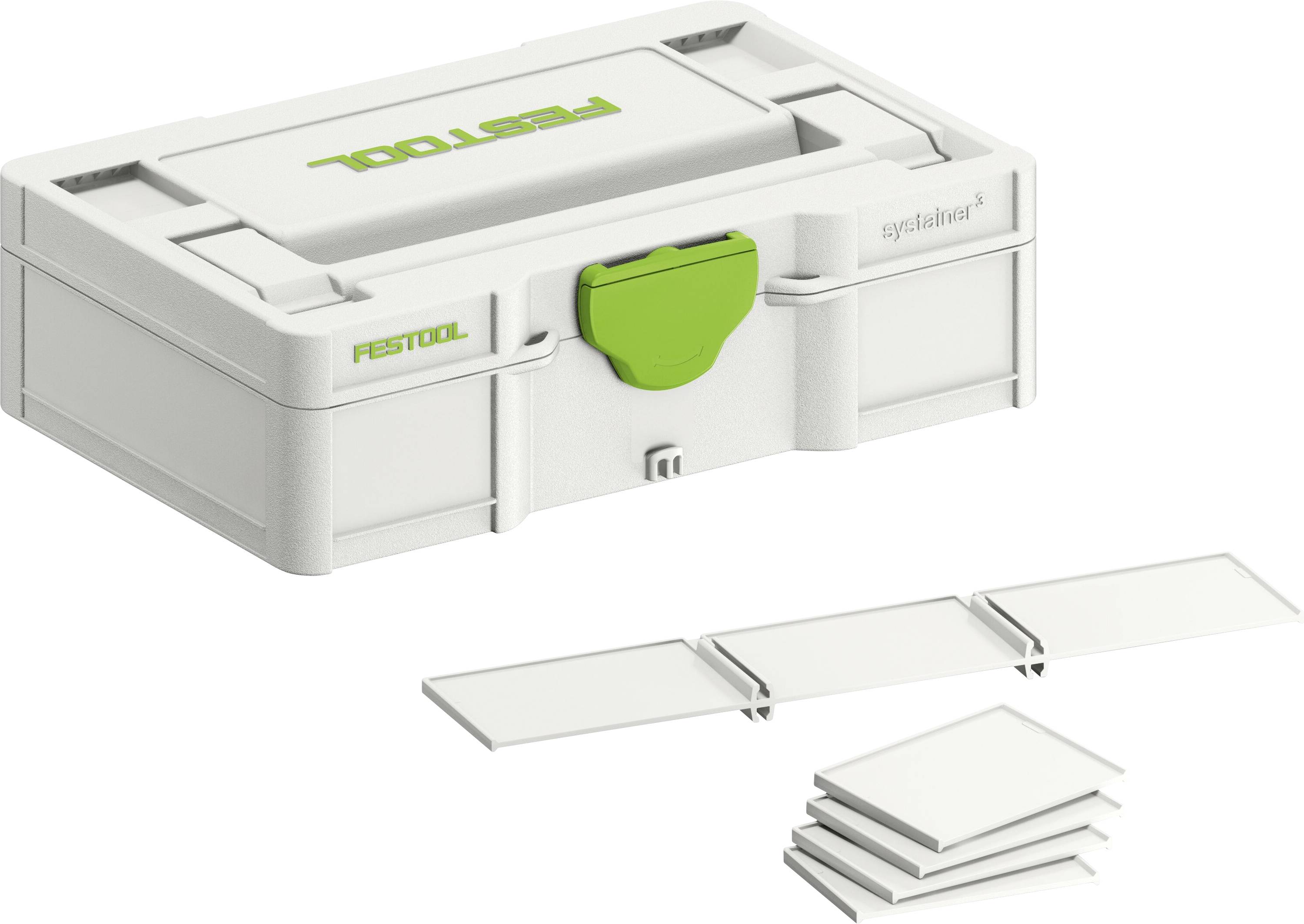 A white, rectangular Festool storage box with a green latch is shown with several detachable, white dividers.