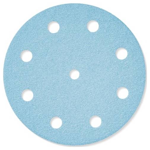 A blue circular sanding disc with eight evenly spaced holes.