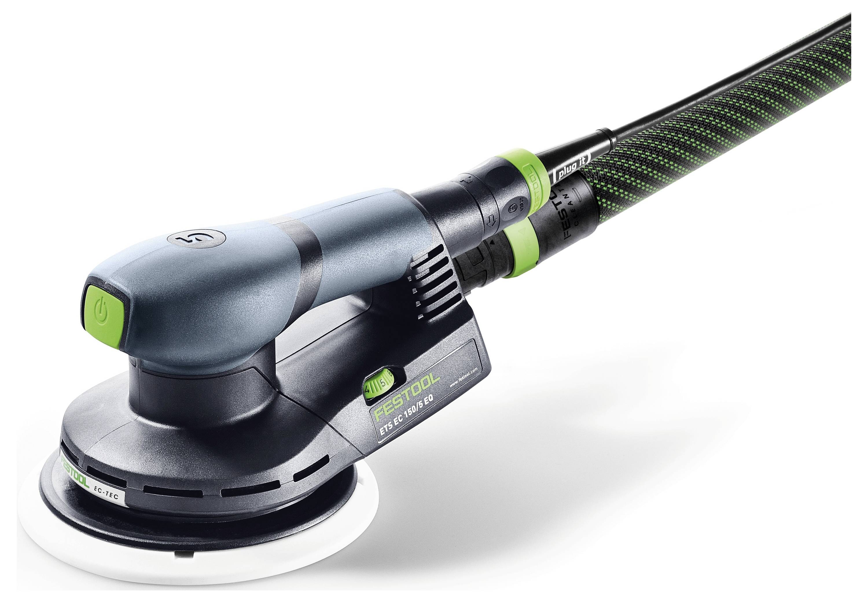 A handheld electric sander with a circular sanding pad, featuring a green power button and ergonomic grip, suitable for woodwork.
