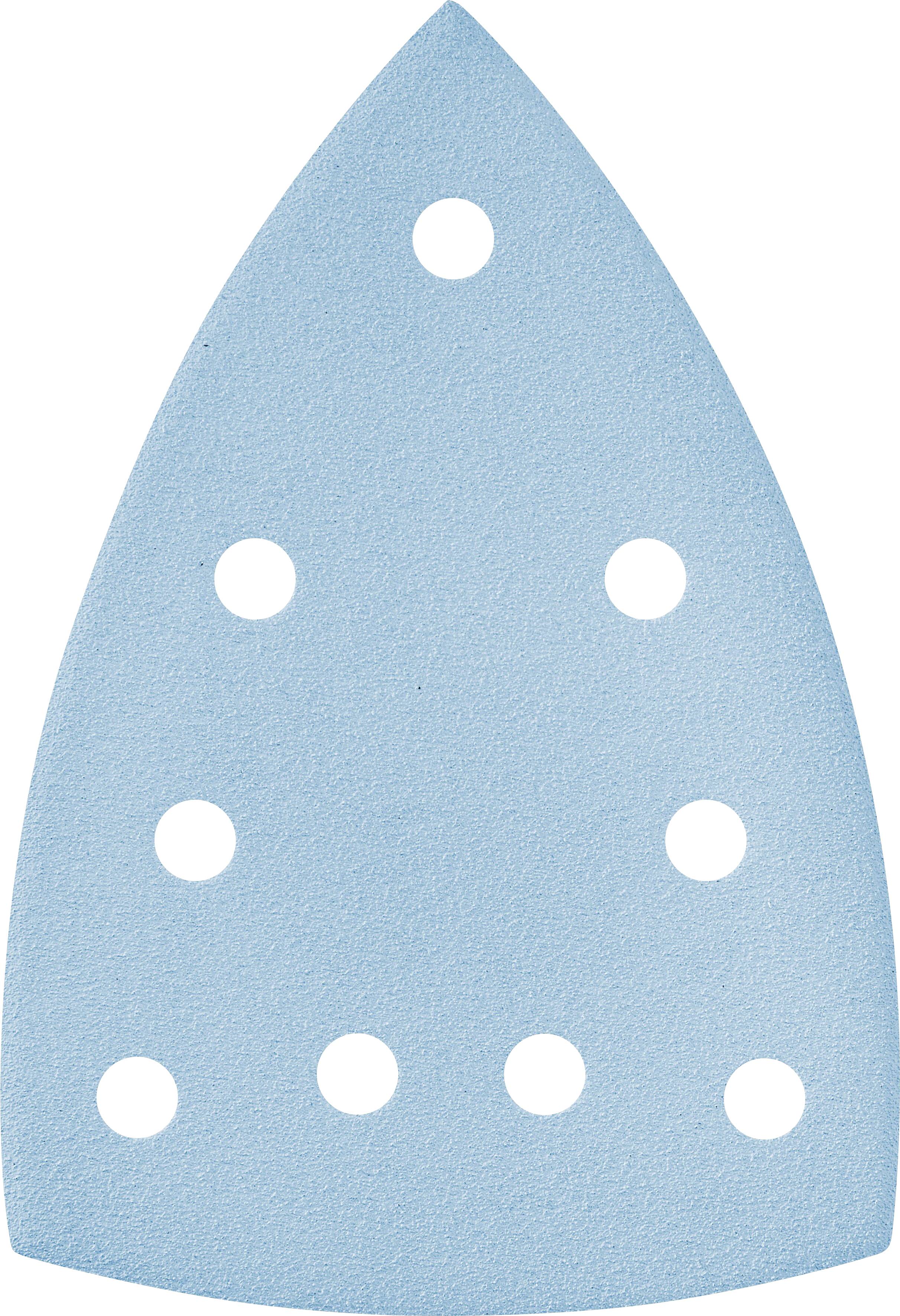A triangular, light blue sandpaper sheet with multiple circular holes, designed for a detail sander.