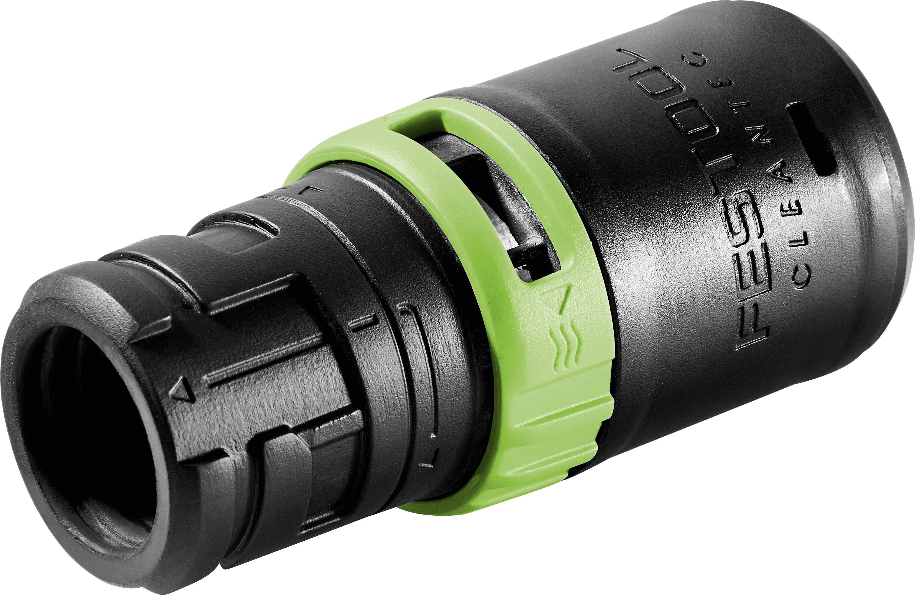 'Festool CleanTec' black and green vacuum attachment with locking mechanism and brand logo. Used for connecting tools to dust extractors.