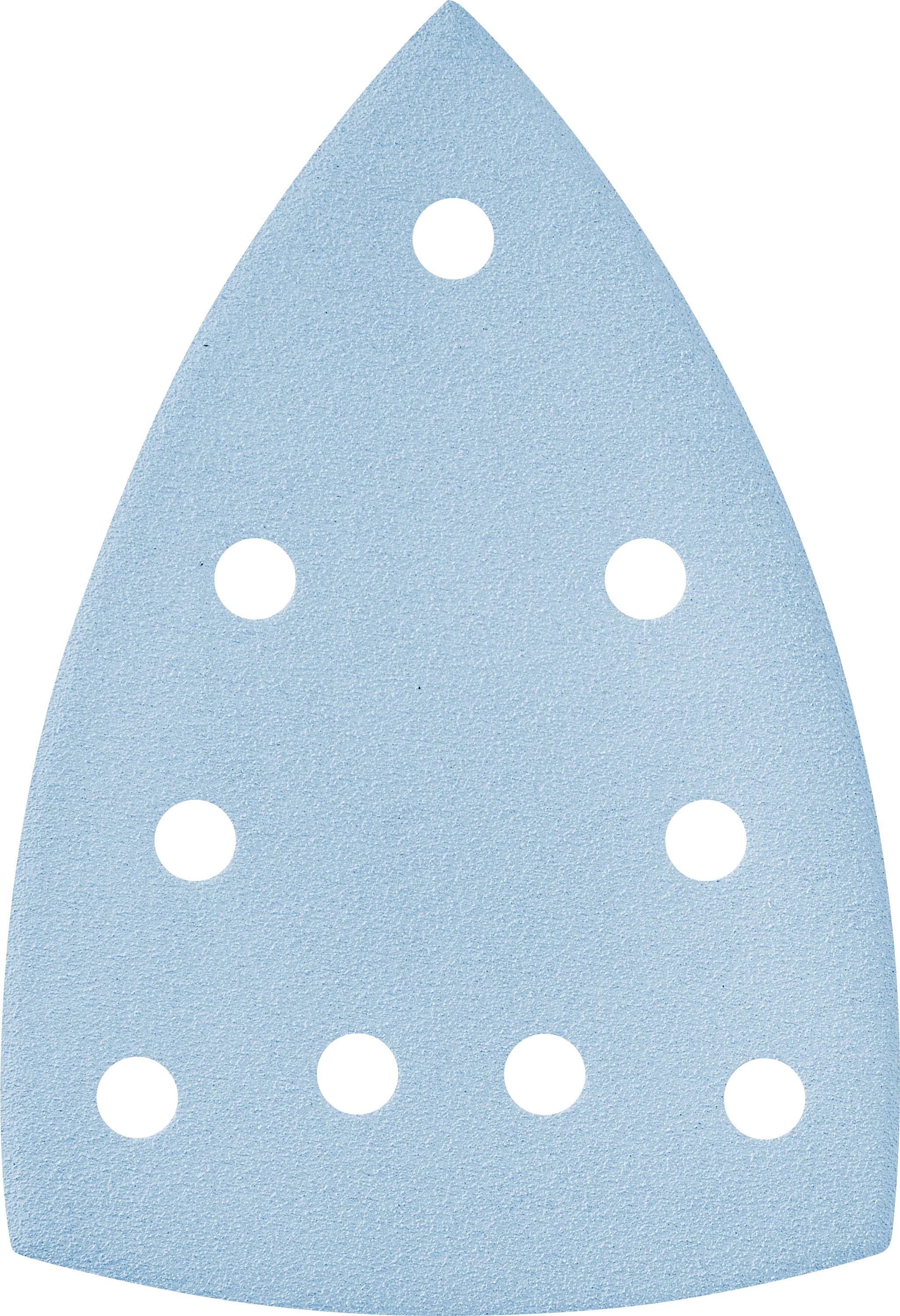A blue triangular sanding sheet with eight circular holes, used for sanding surfaces, against a white background.