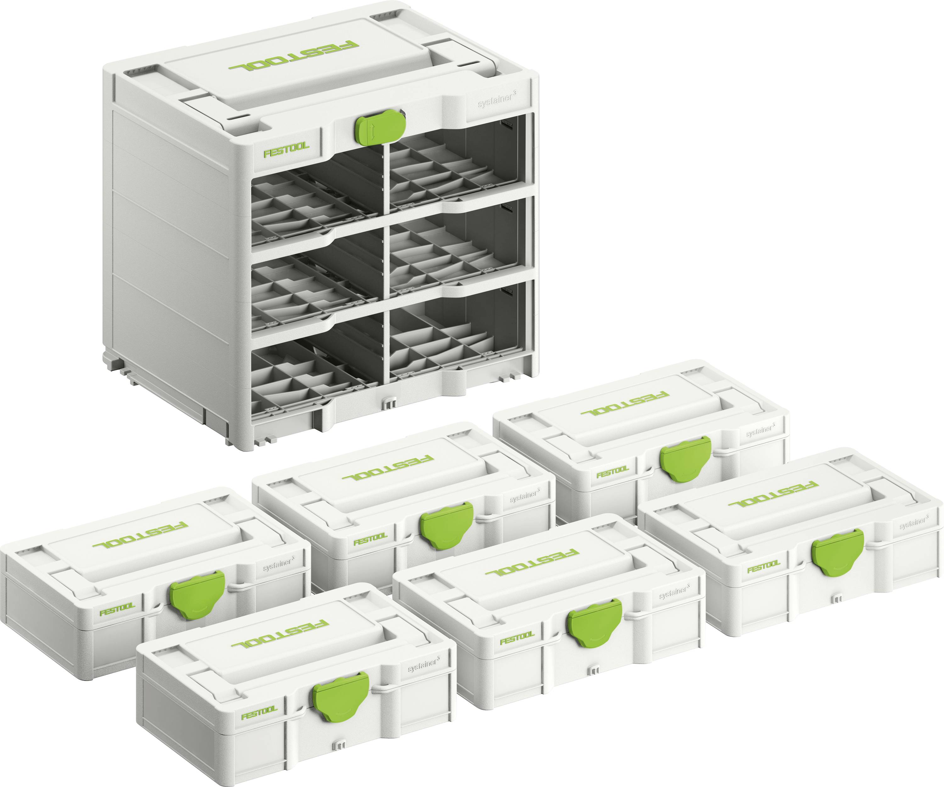 A storage system featuring seven modular boxes, with one main unit containing six smaller stackable boxes, each labeled with 'Festool.'