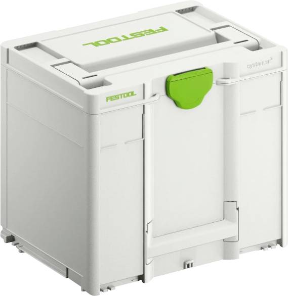 A gray Festool Systainer storage box with a green handle and Festool branding, used for organizing and transporting tools.