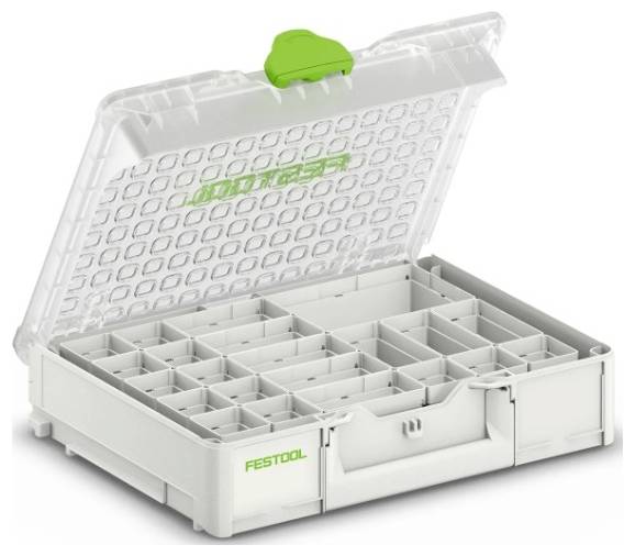 An open gray storage box with a green clasp, featuring multiple compartments for organizing small items. The brand 'Festool' is visible.