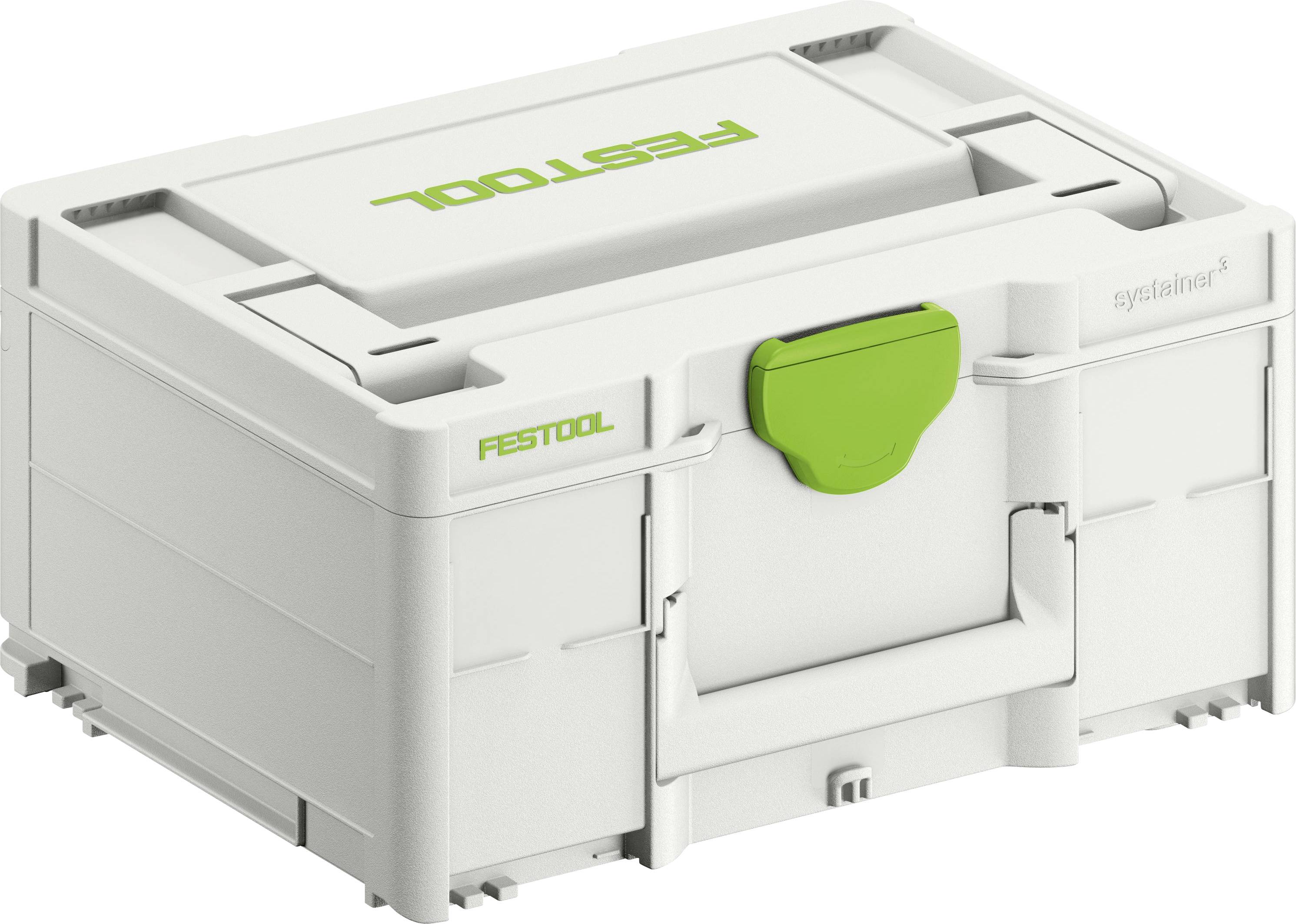 A white storage box with 'FESTOOL' branding and a green latch, designed for organizing tools.