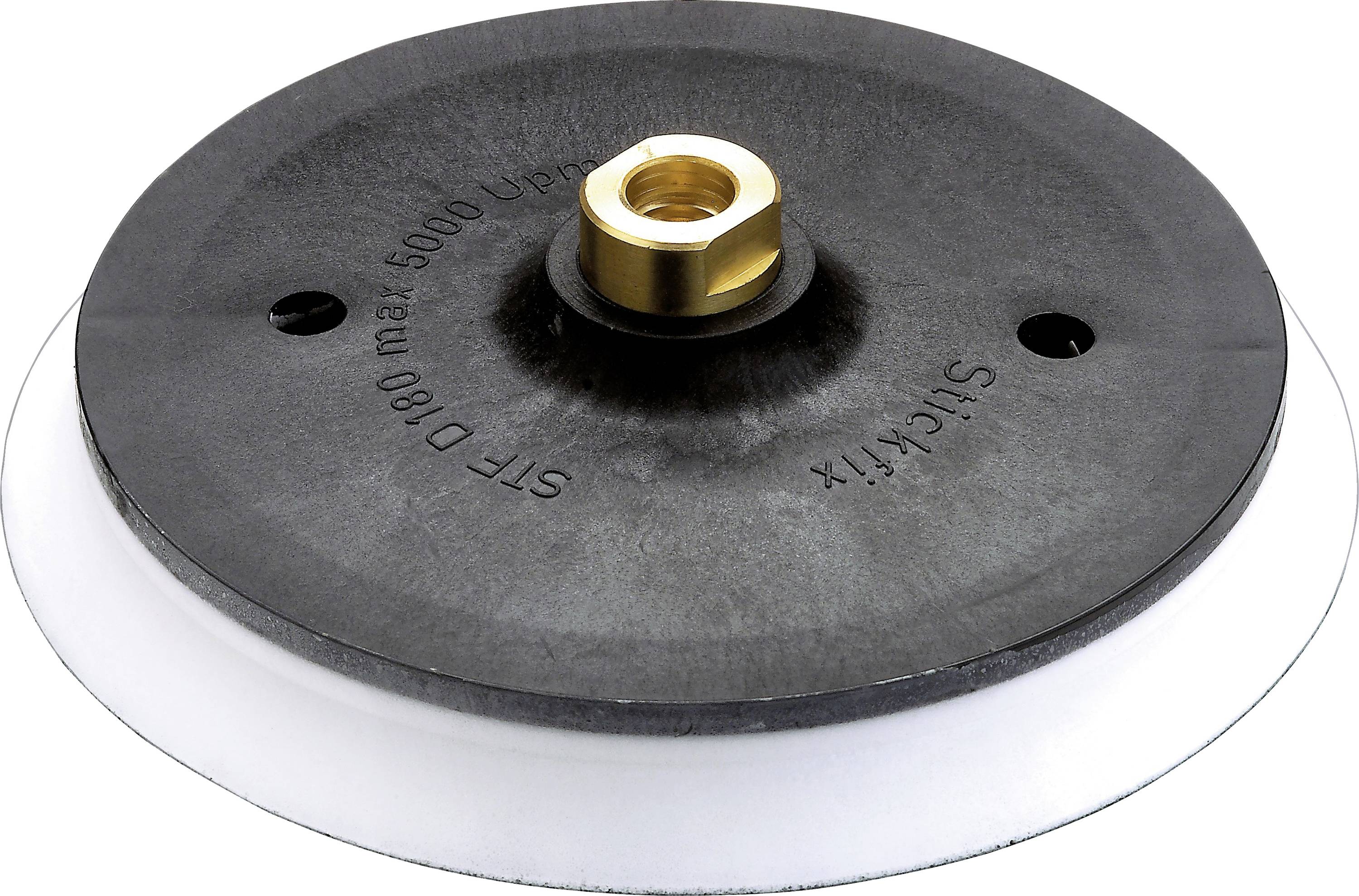 A sanding disc with a black center and white edge, featuring a brass threaded attachment at the top.