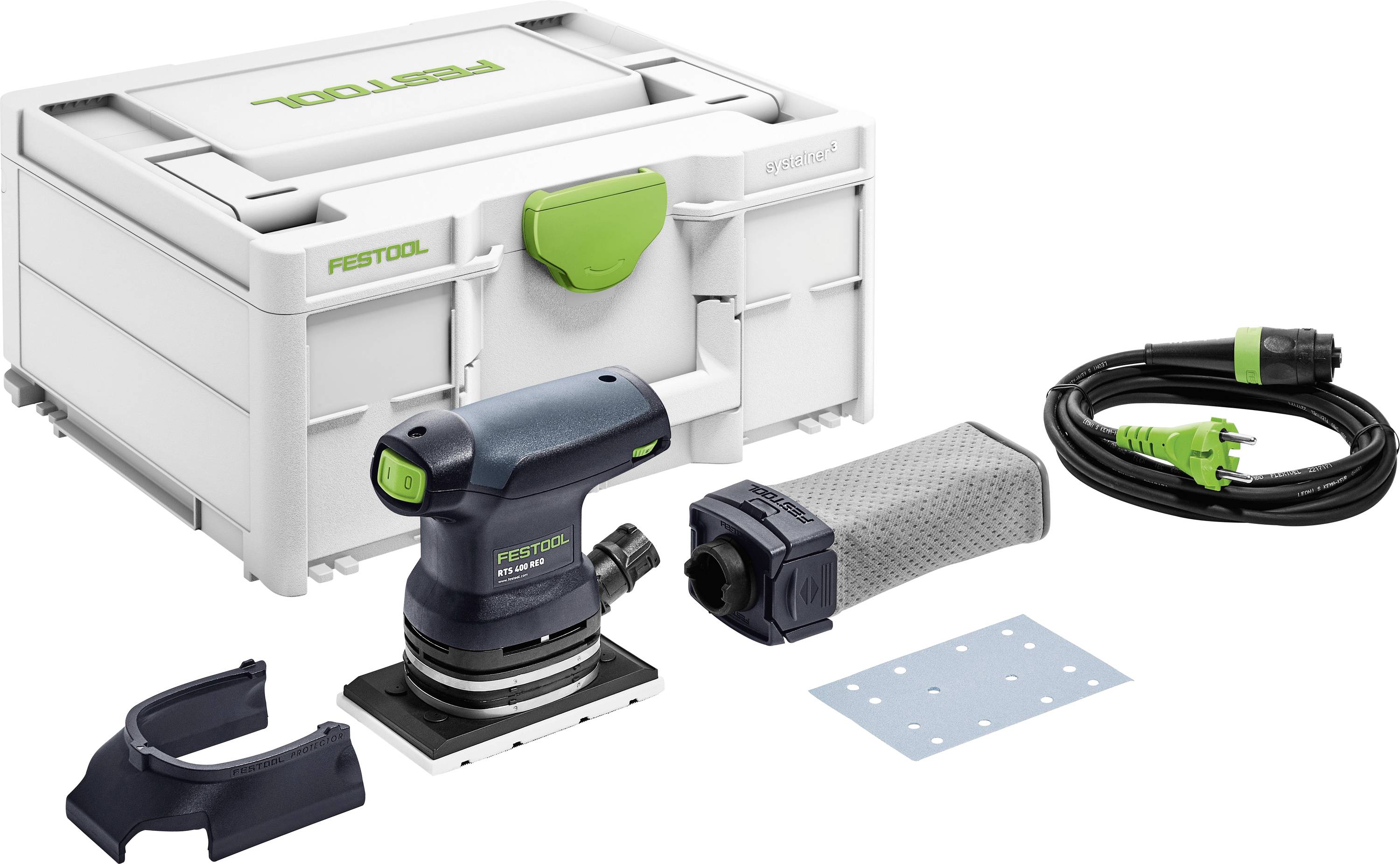 Festool sander kit with sander tool, dust bag, power cord, sanding pad, and carrying case. Tools are set next to the case.