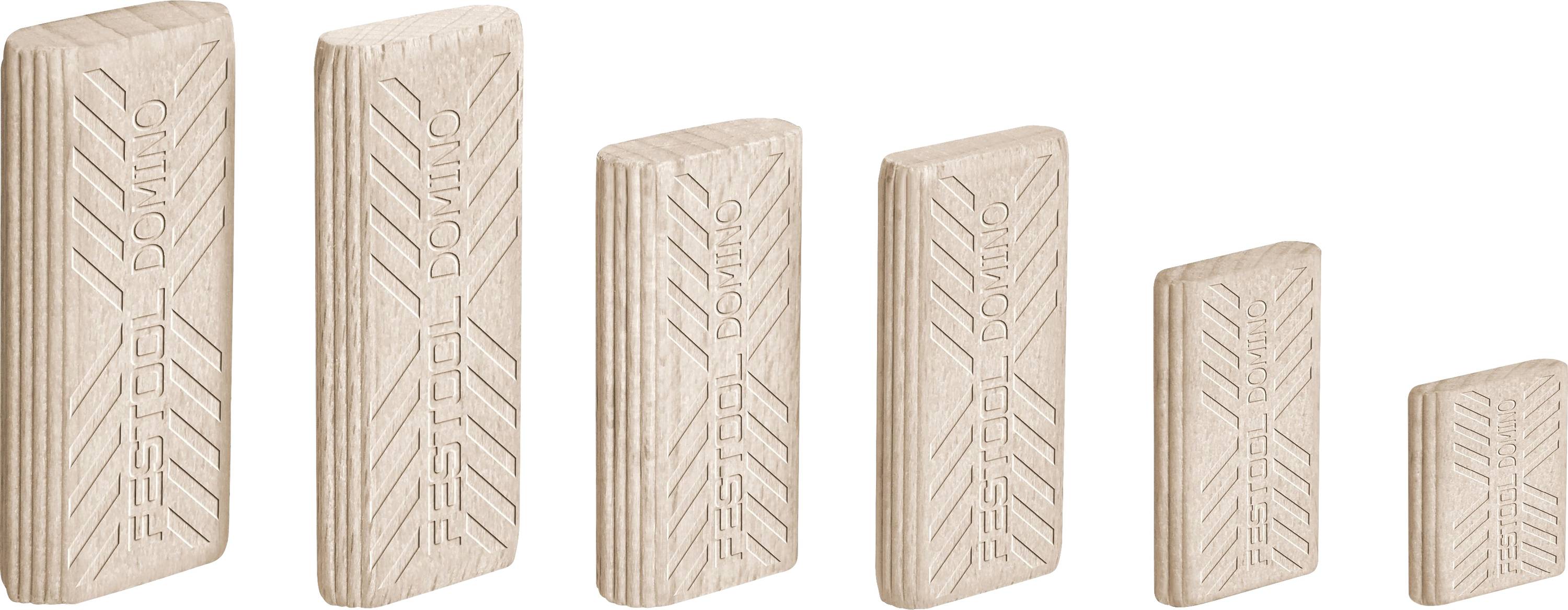 Wooden Festool Domino tenons of varying sizes displayed in a row, illustrating options for joinery in woodworking projects.