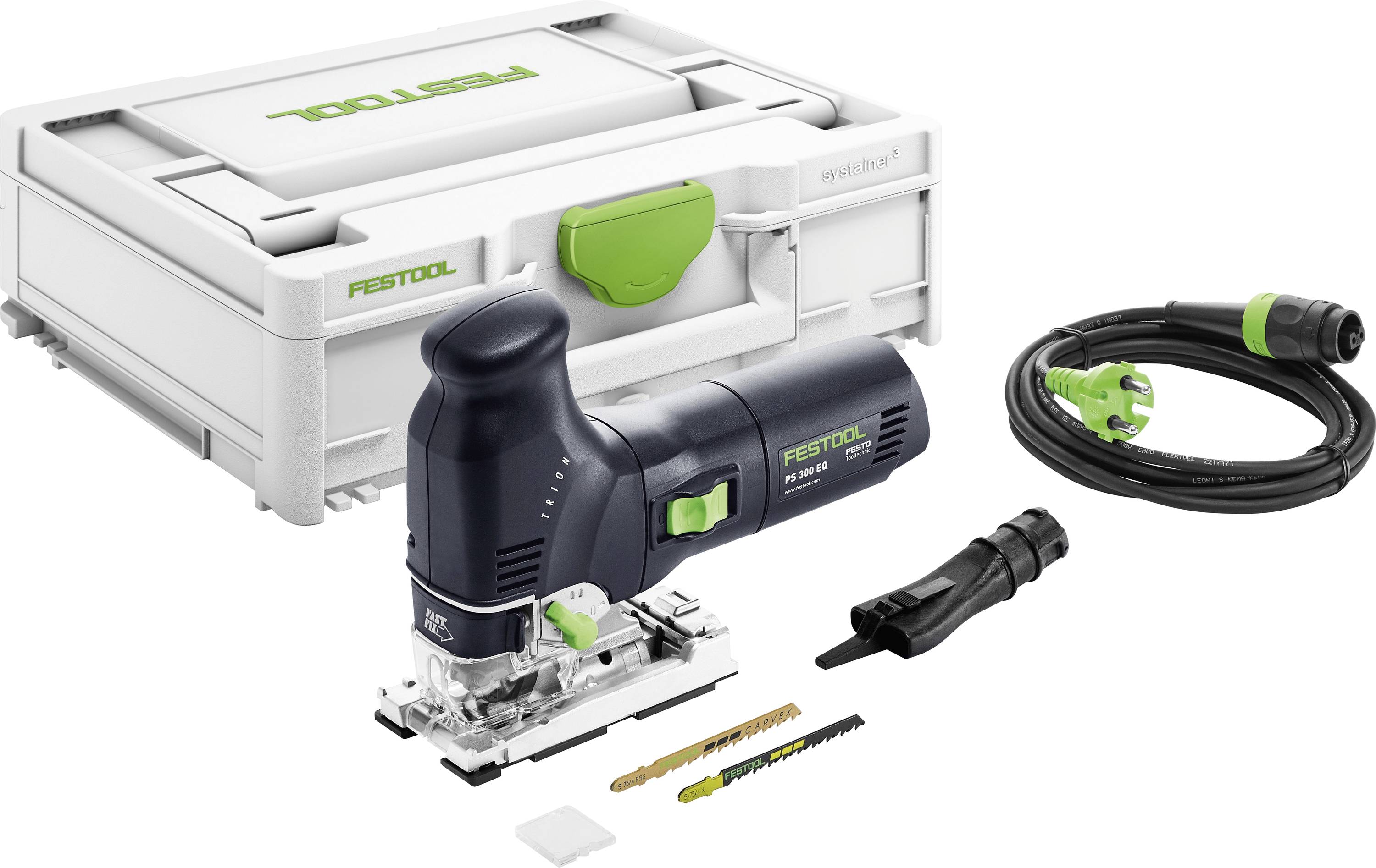 T-shaped saw with blades, power cord, and dust extraction in front of a branded storage box.
