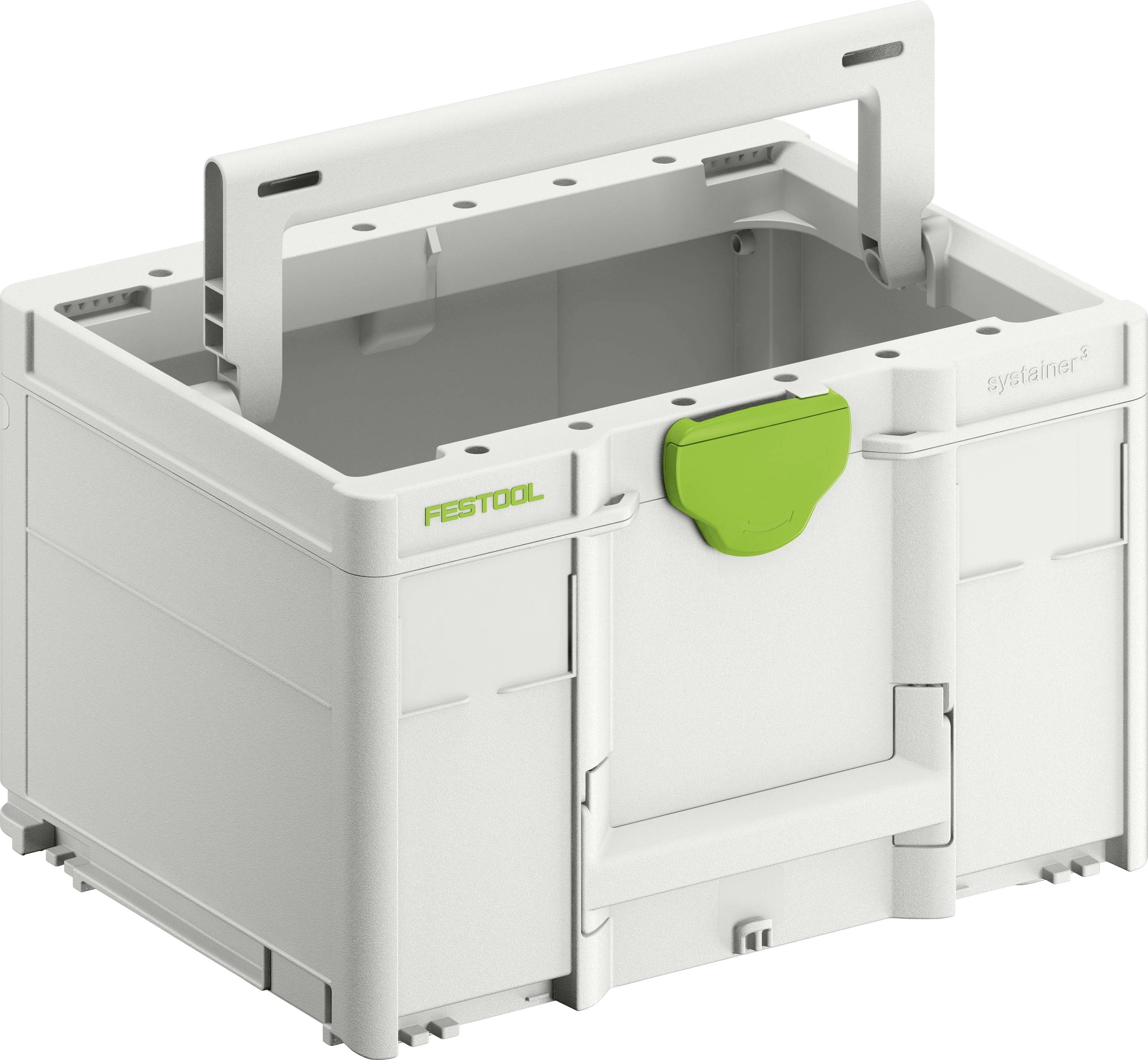 A gray Festool Systainer storage box with a green latch and handle, designed for tool organization and transport.