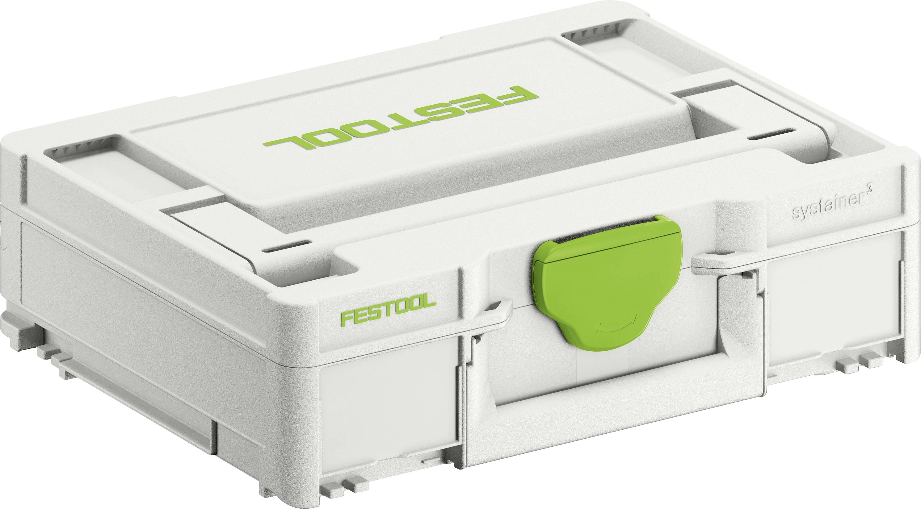 A white Festool Systainer storage case with a green latch is shown, featuring the Festool logo prominently on the top flap.