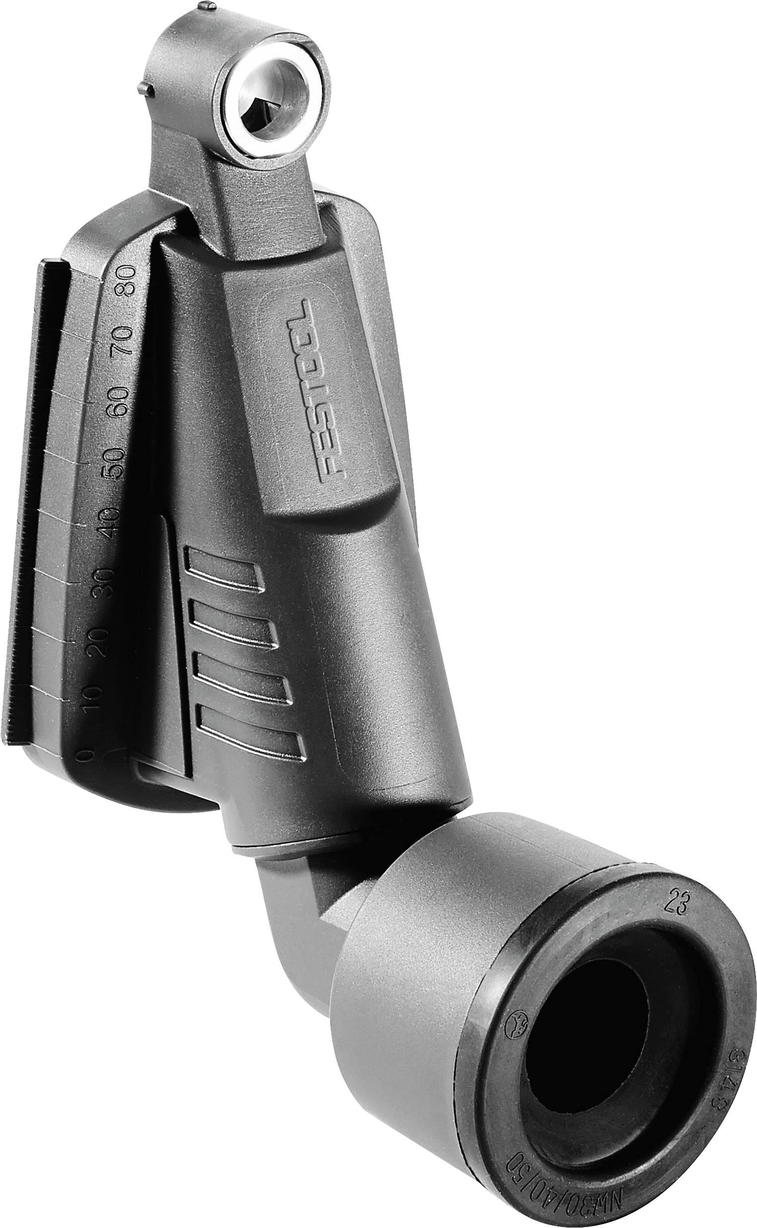 The image shows a black and metallic fan nozzle attachment with adjustable angles, designed for precision airflow control.