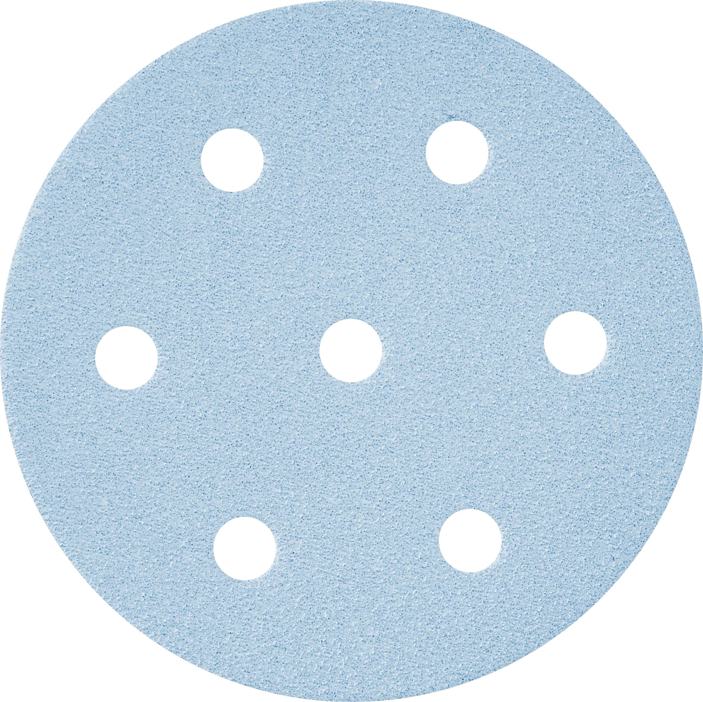 A round, light blue sandpaper disc with seven evenly spaced holes.