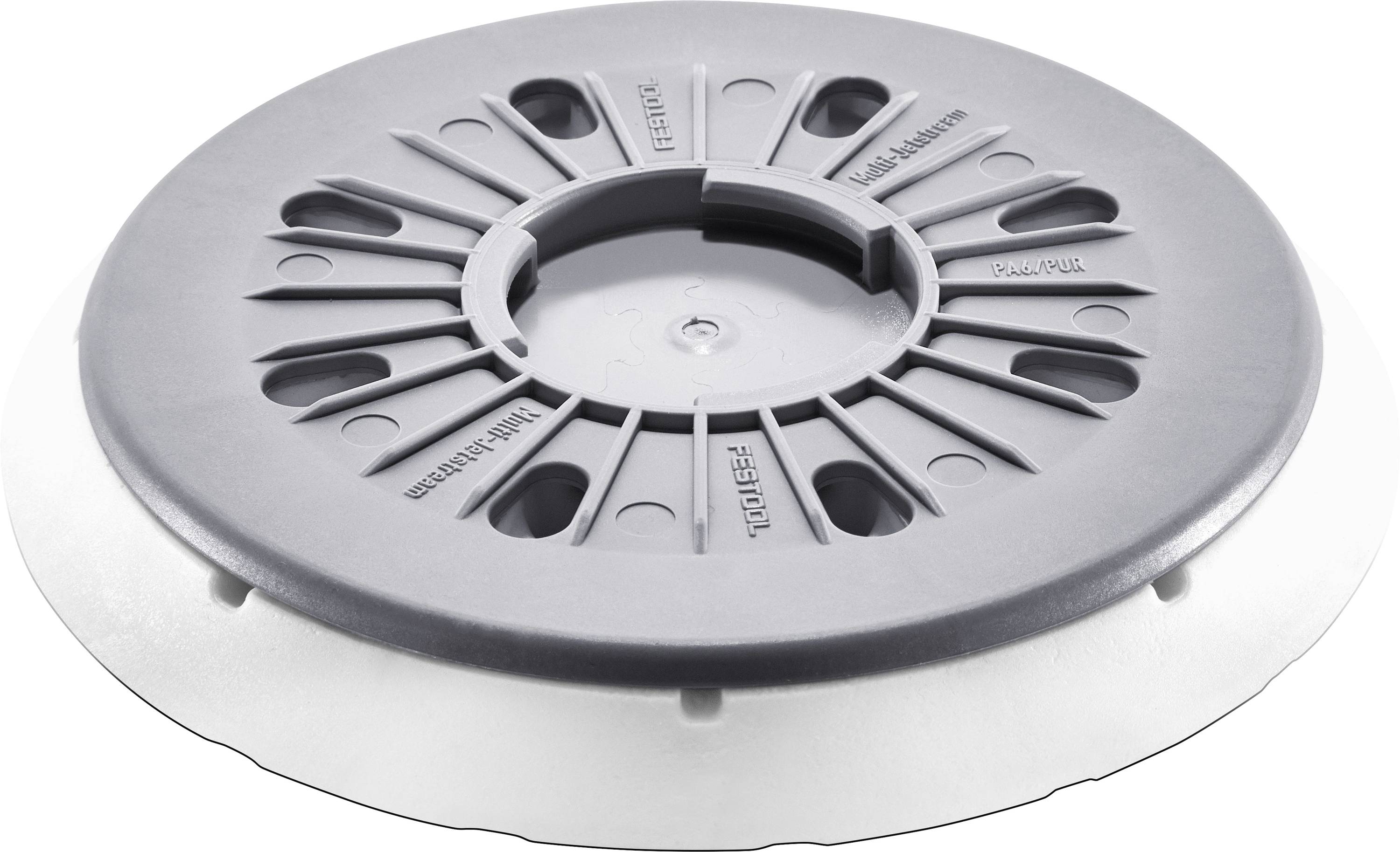 A large, round, gray and white plastic base with multiple slots and embossed text in several languages, used for adjustable support.