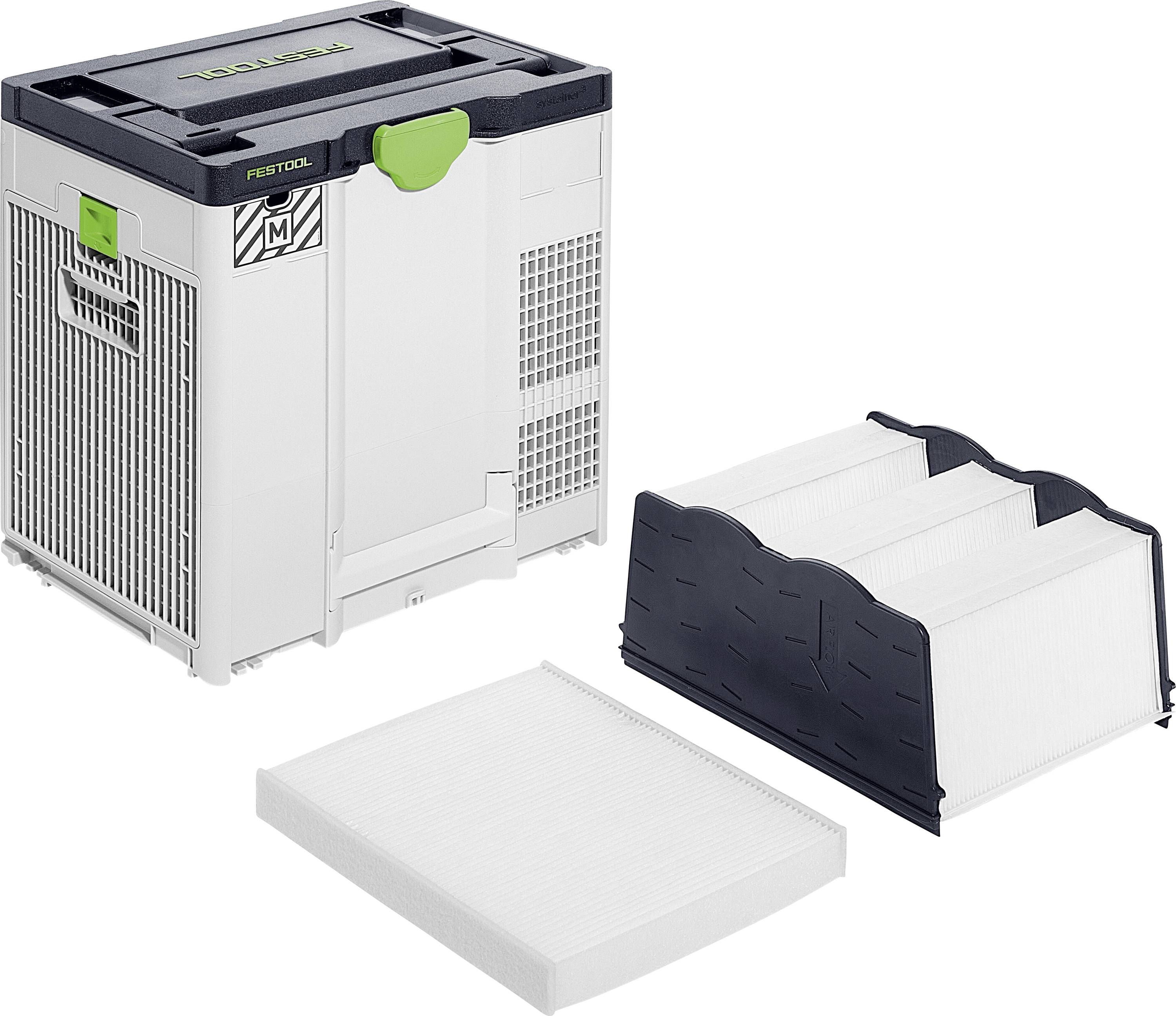 A Festool dust collection system showing a green-labeled storage unit with two white filters placed beside it, designed for efficient workspace maintenance.