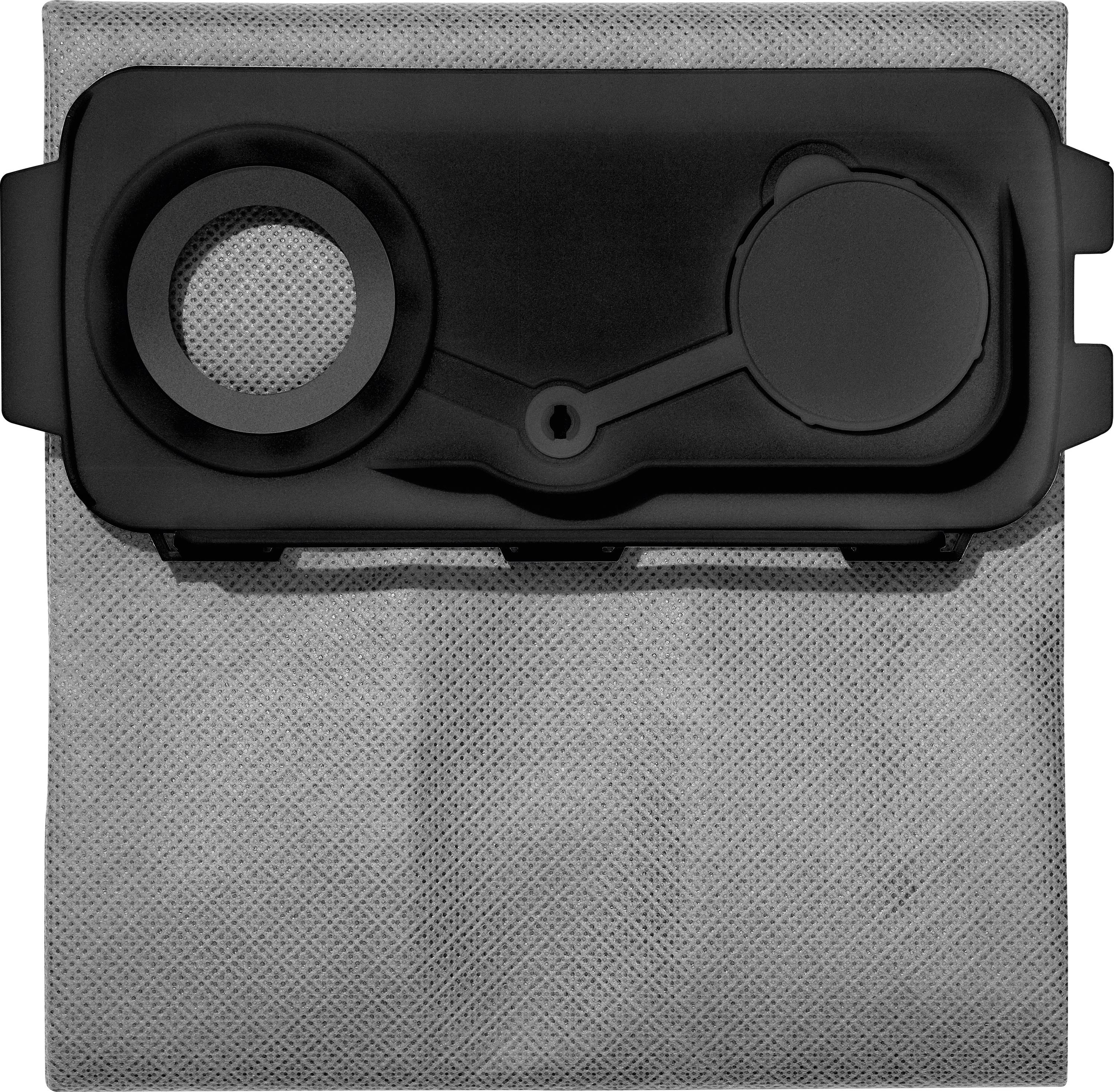 The image shows a grey vacuum cleaner bag with a black plastic fitting at the top for securing and connecting to the vacuum.