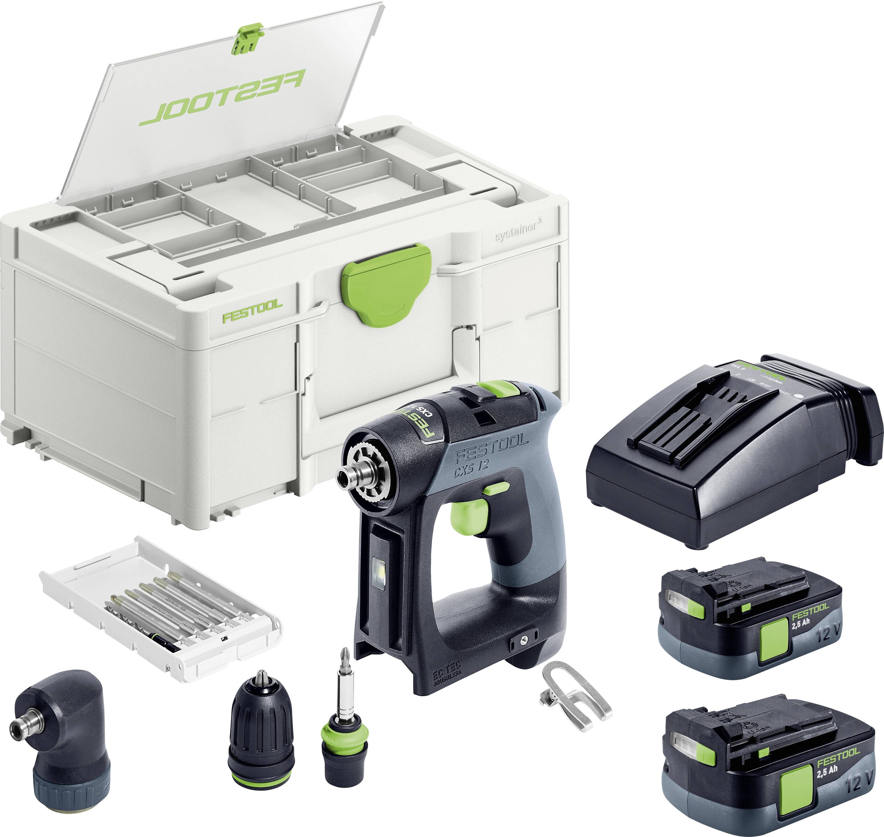 A cordless drill set with charger, two batteries, various drill bits, and a plastic storage case.