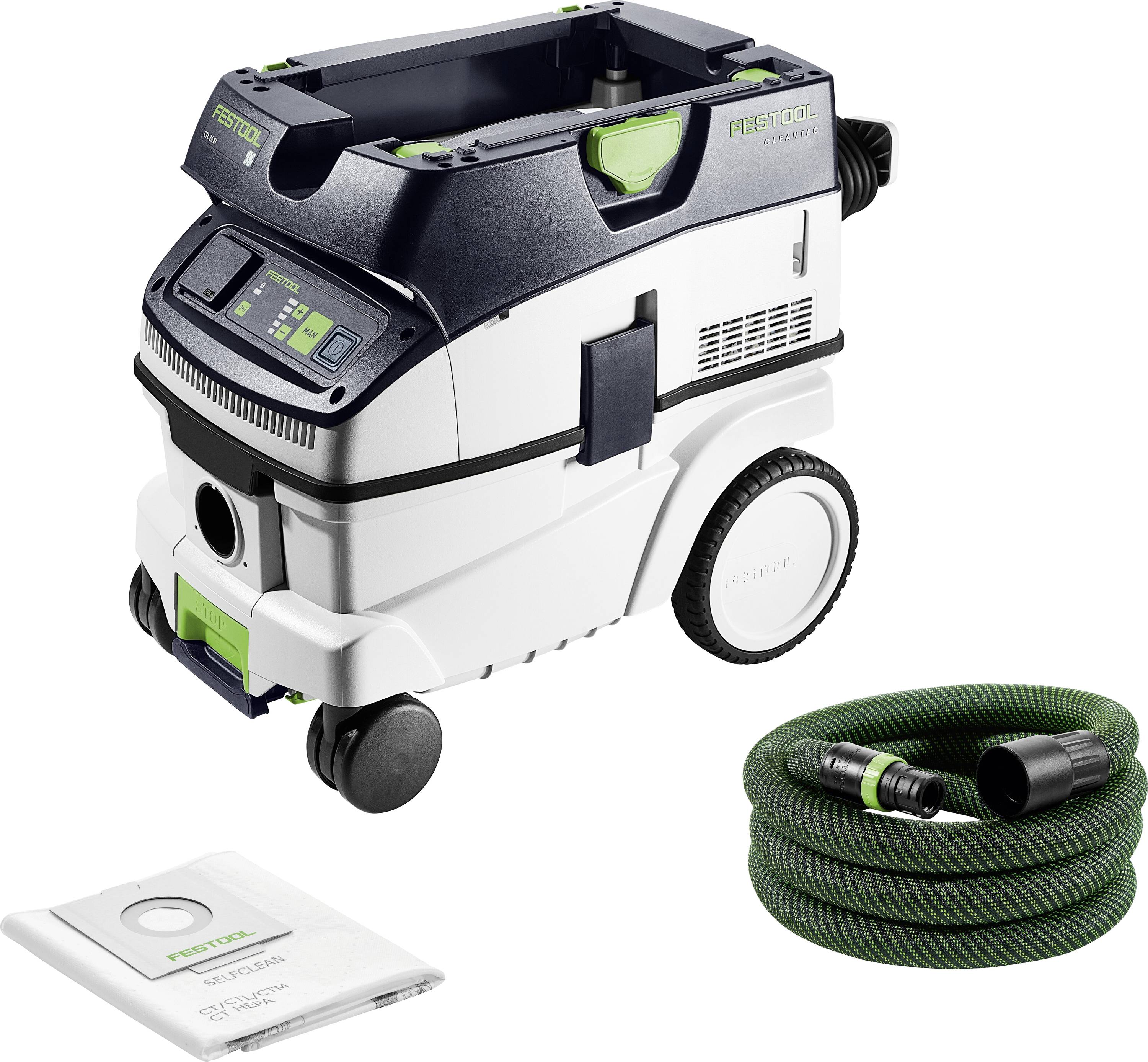 A mobile dust extractor with wheels, a control panel, and an attached hose. Includes a flexible green hose and a dust bag.