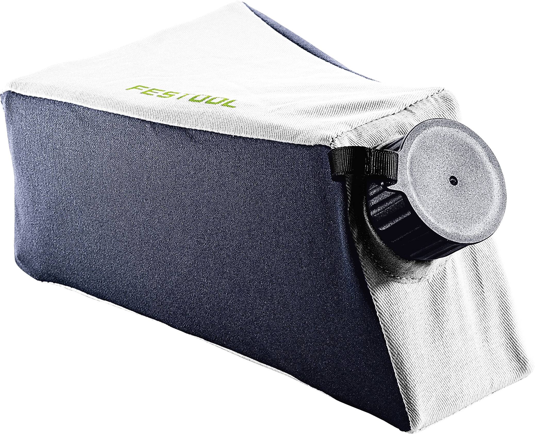 Dust extraction bag with a white top and dark side, featuring a capped opening for attachment. Branded 'Festool' prominently on the top.