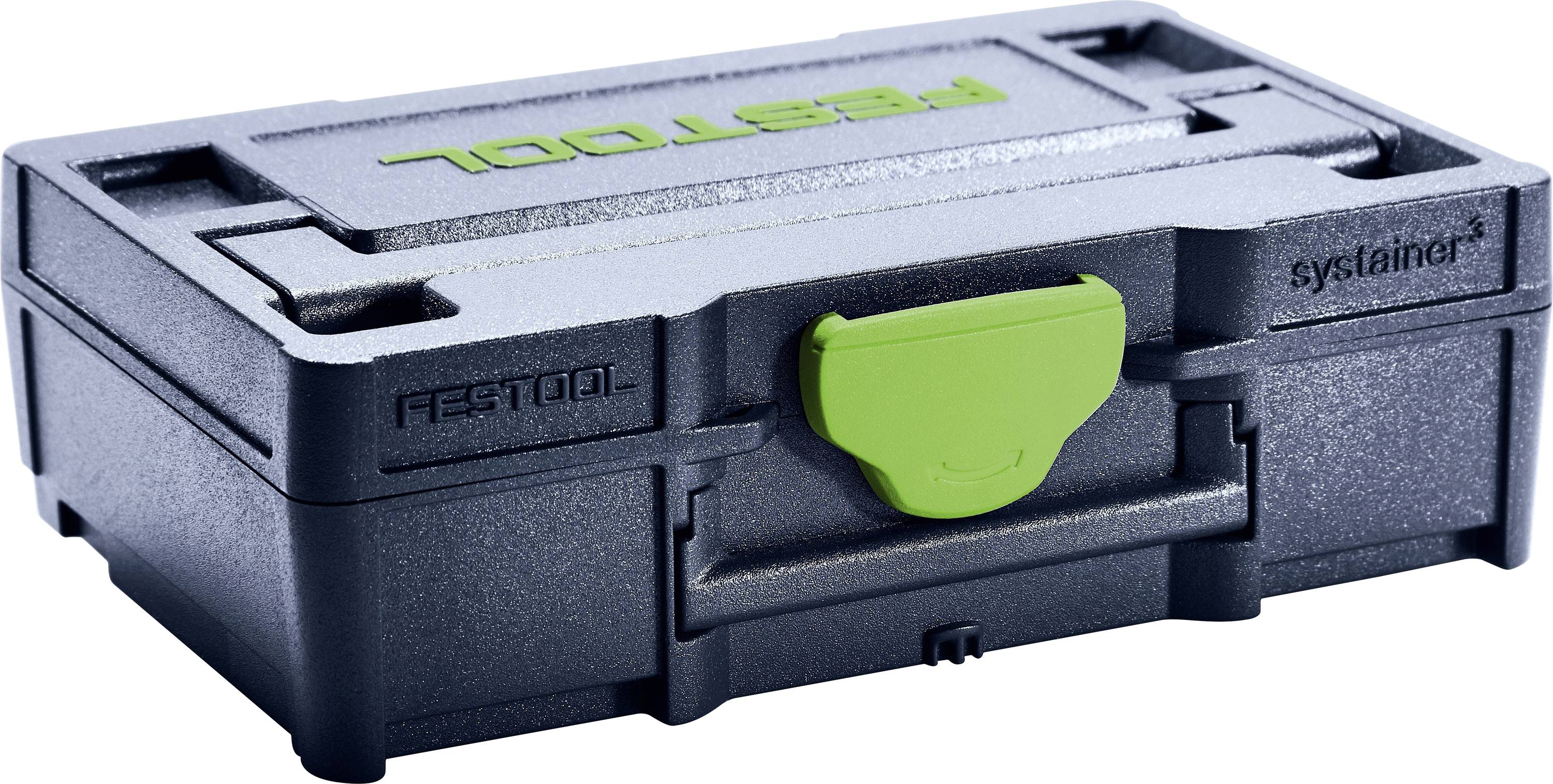 A black and green Festool Systainer storage box with a handle and latches.