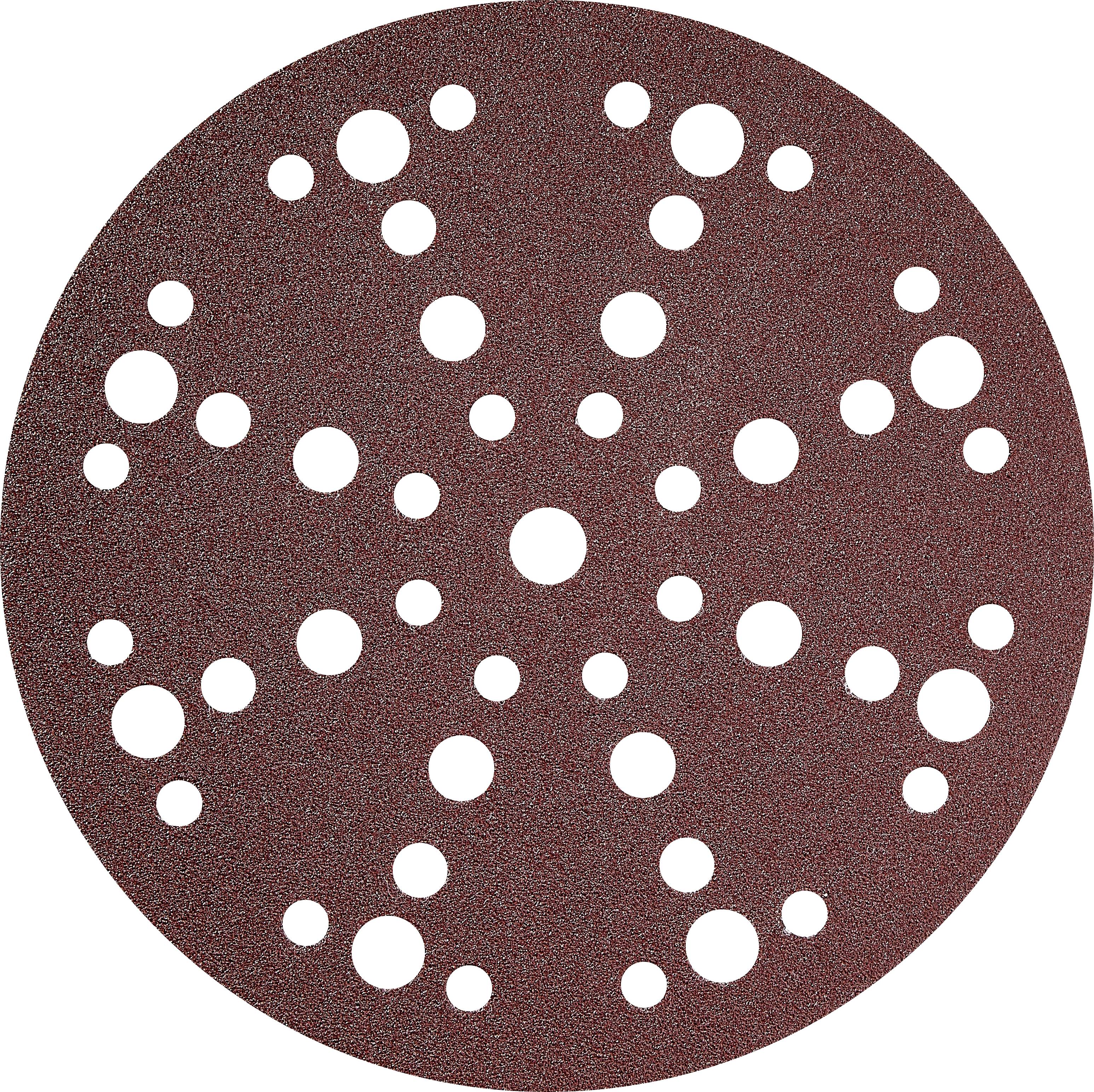 A circular sanding disc with various-sized holes spread evenly, used for power sanders to smooth surfaces.