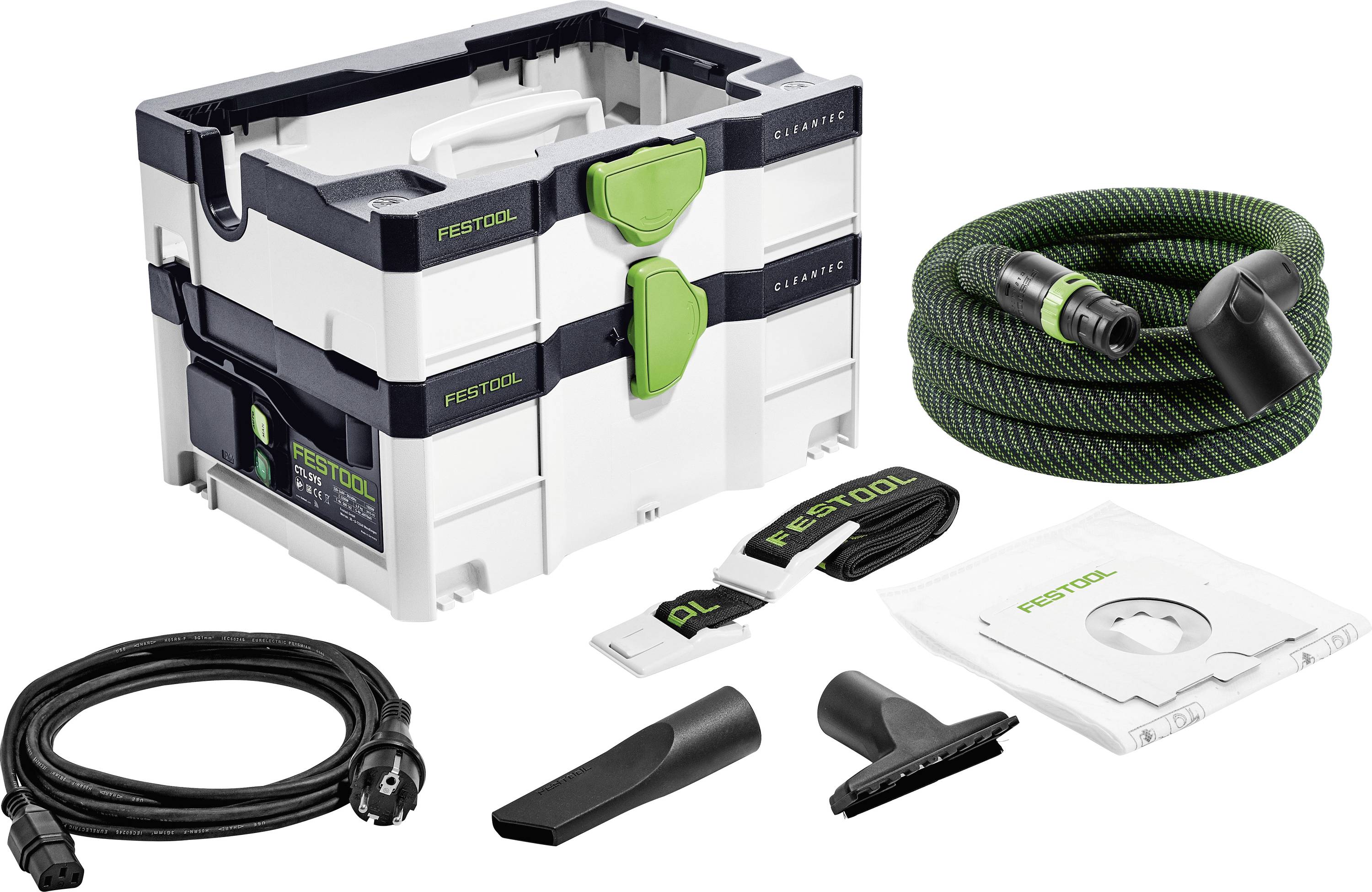 Festool CT MINI I HEPA vacuum extractor with accessories: hose, filter bag, adjustable strap, and cleaning nozzles on display.