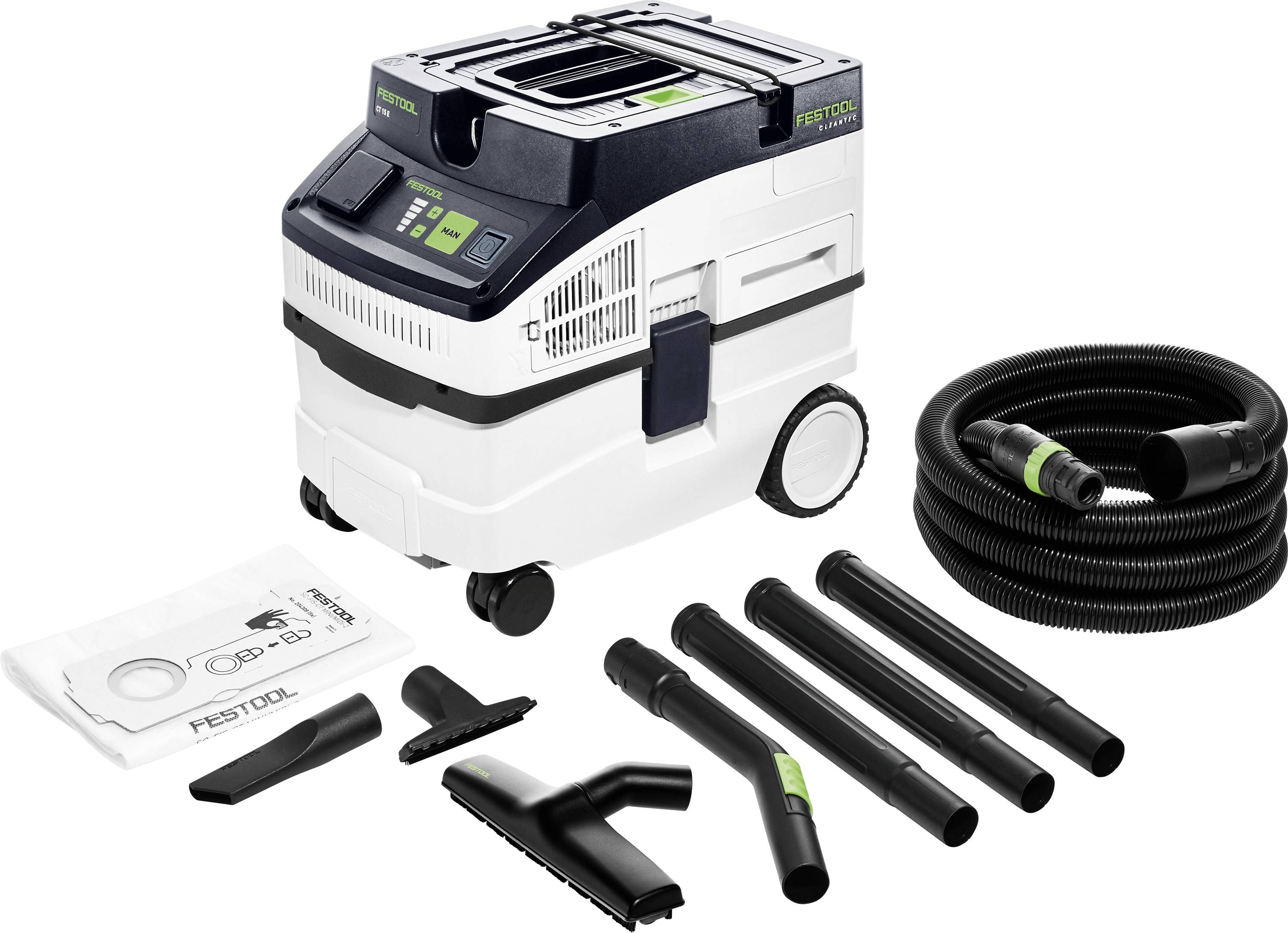A white and black Festool CT MIDI dust extractor with various nozzles, a hose, and a dust bag, designed for industrial cleaning tasks.