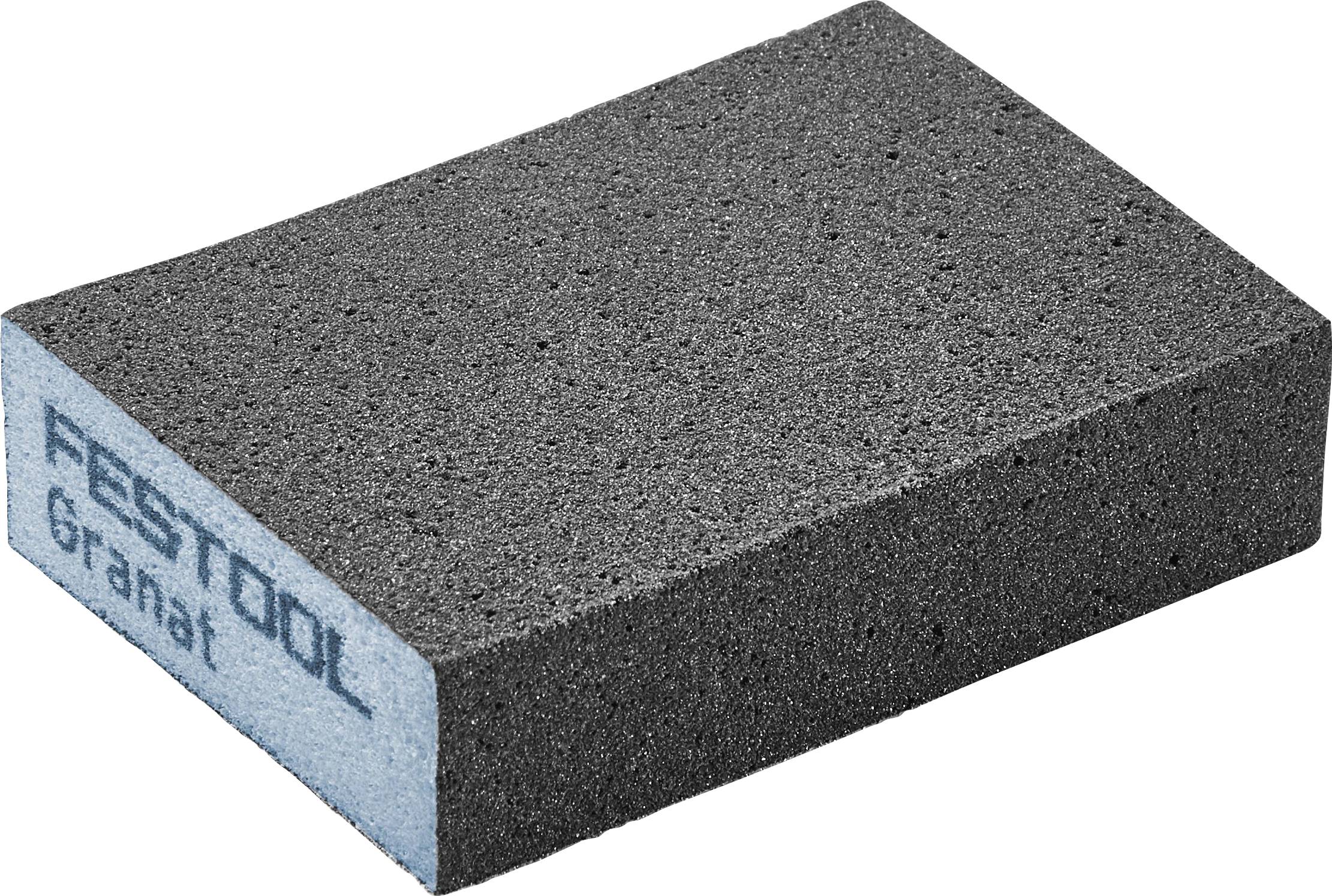 A black rectangular sanding sponge with 'Festool Granat' text on the side, used for smoothing surfaces in construction or woodworking.