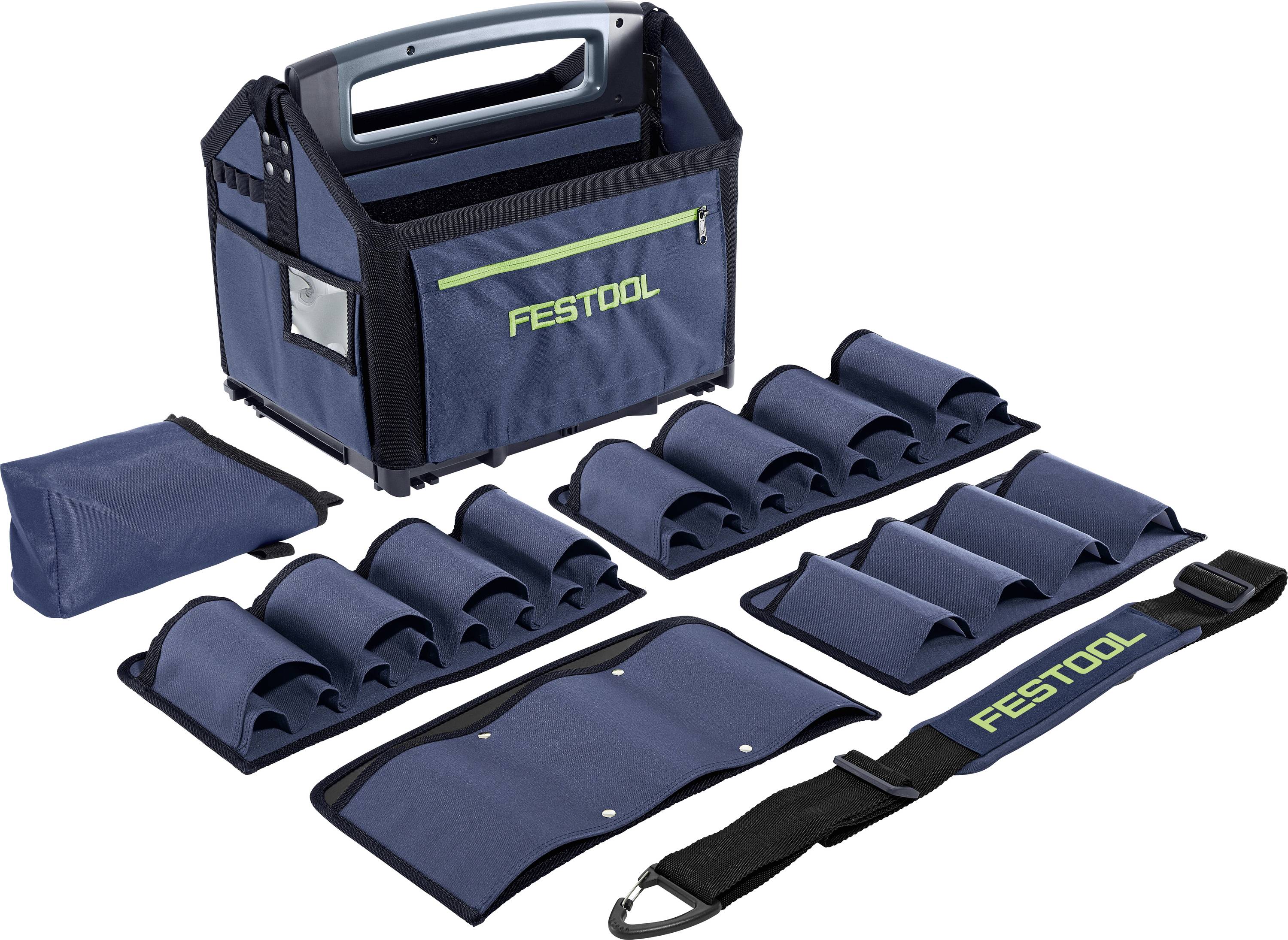 Festool tool organization kit with a handle, multiple blue fabric compartments, and sections for various-sized tools and accessories.