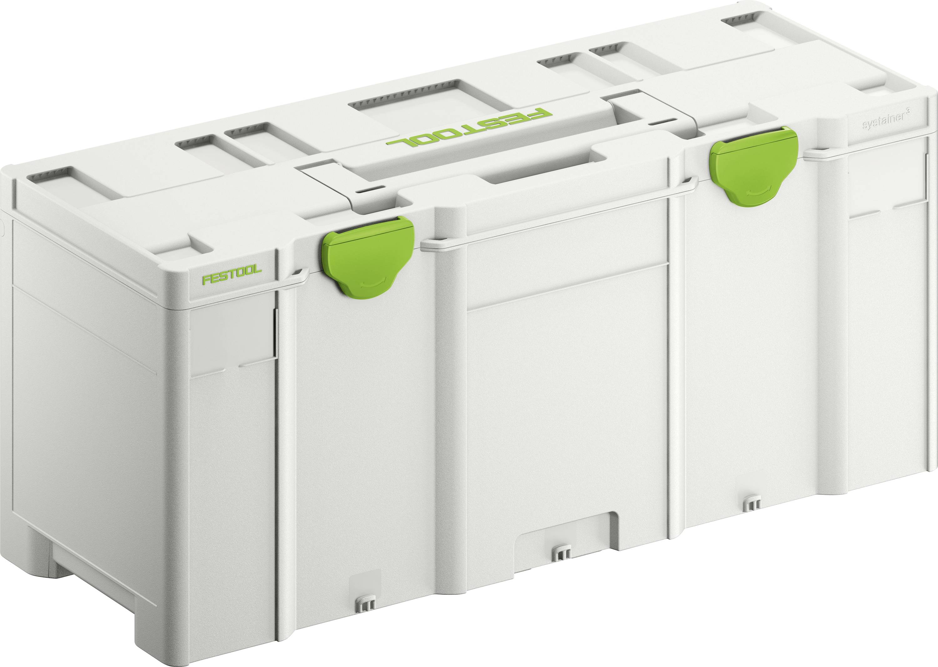 A white Festool toolbox with green latches and 'FESTOOL' branding on the top, used for organizing and carrying tools.