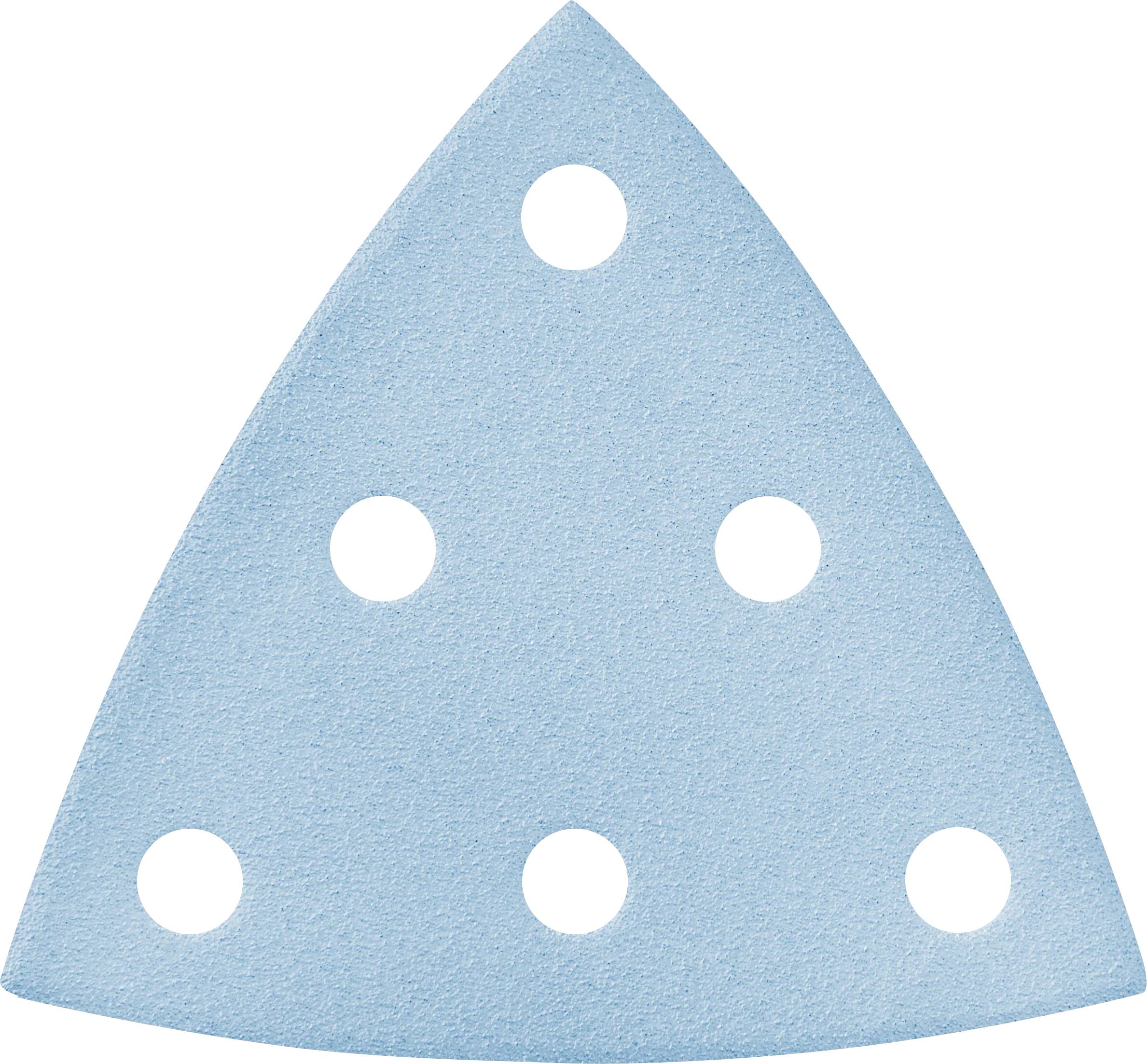 A triangular blue sandpaper sheet with six circular holes evenly distributed across its surface.