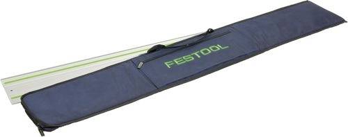A long, thin tool bag labeled 'FESTOOL' with a green and gray track saw guide rail partially visible, used for precise cutting.
