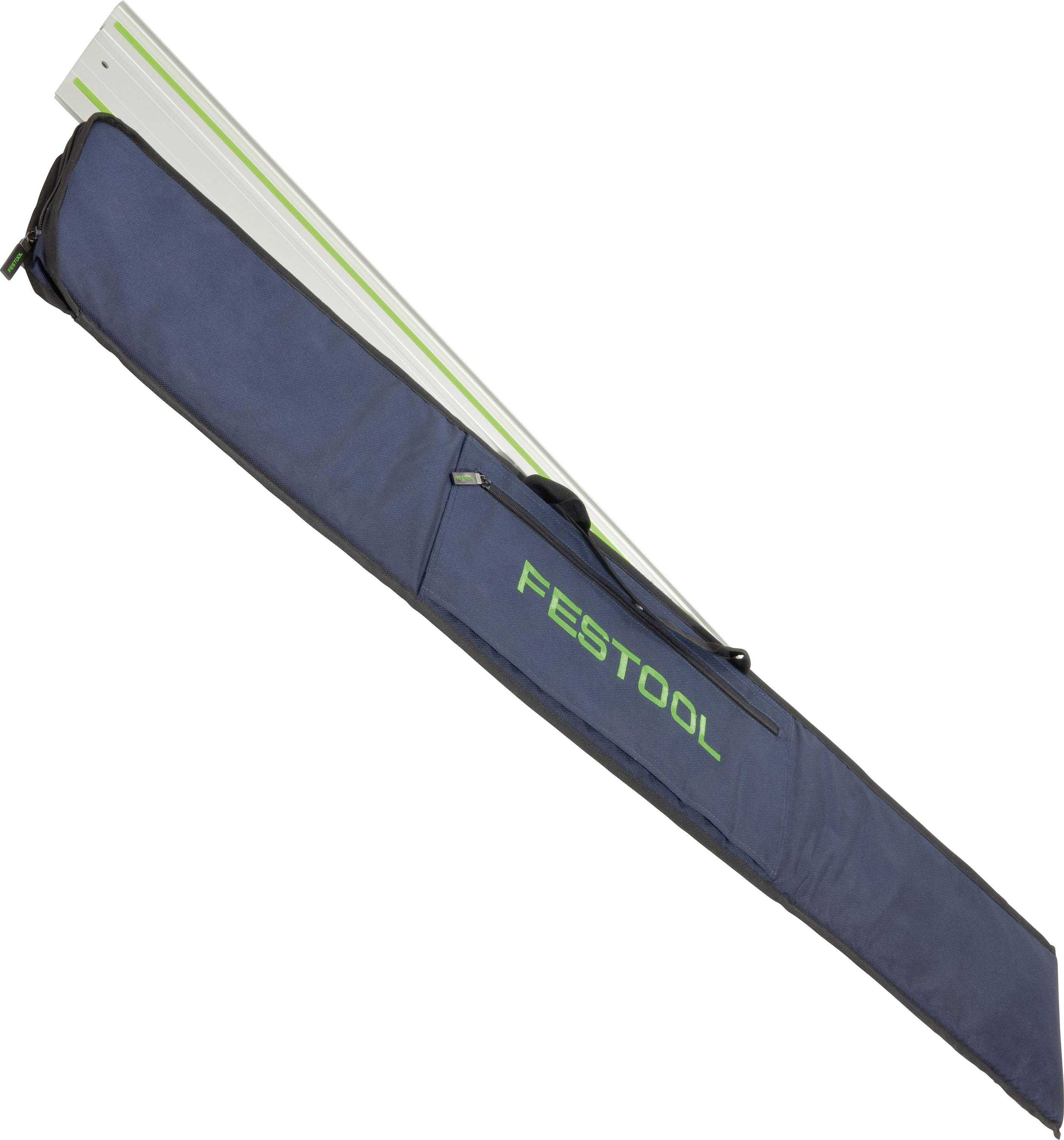 Blue Festool tool bag with a visible rail inside, angled across the image.