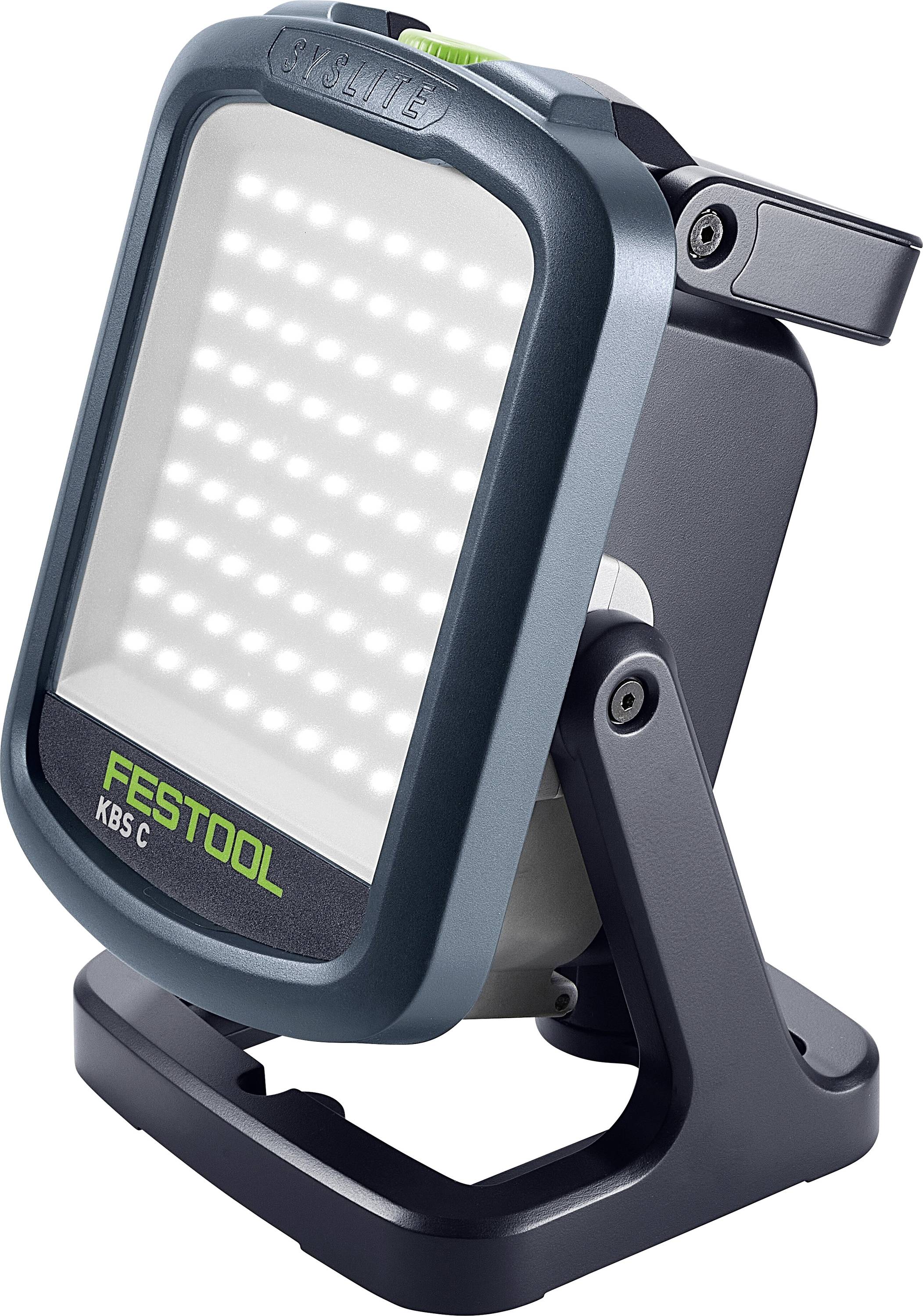 'Festool KBS C' portable work light with LED panel, adjustable stand, and rugged frame for versatile workspace illumination.