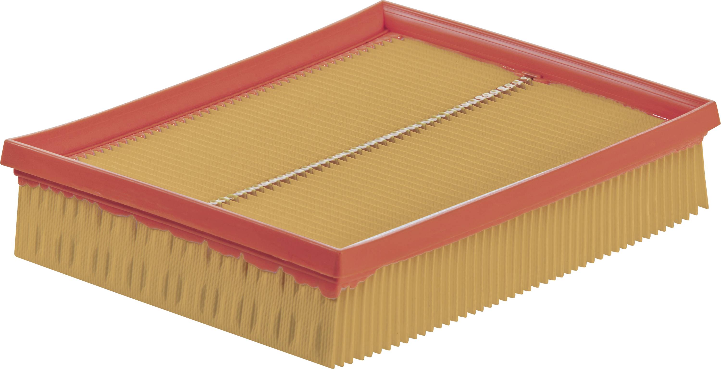 Rectangular air filter with orange frame and pleated design, used for filtering particles in engines.