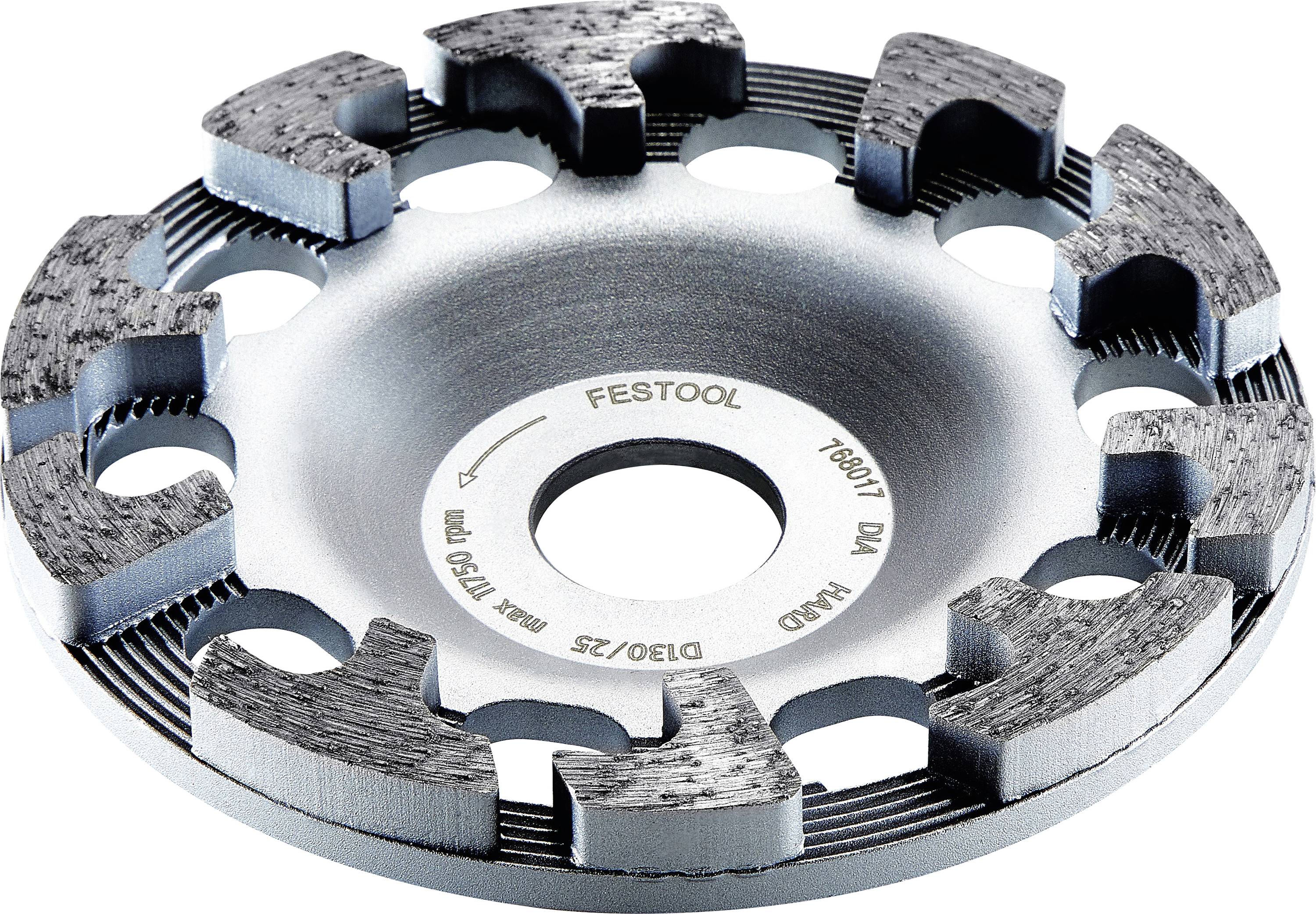 A close-up of a circular grinding disc with segmented edges, designed for cutting or shaping hard materials. It's labeled with 'Festool' and specifications.
